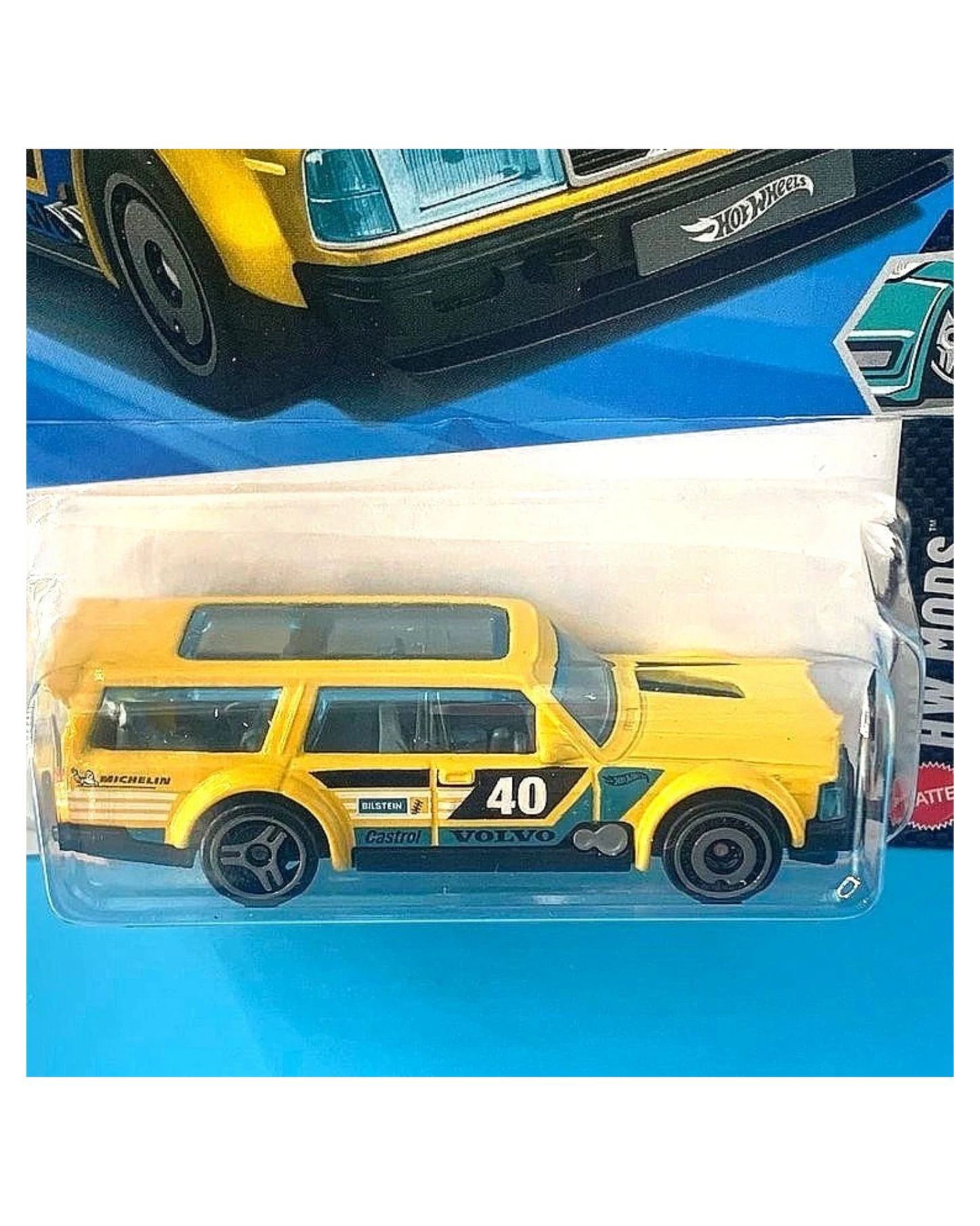 More Than Diecast Hot Wheels Volvo 240 Drift Wagon in yellow with racing decals and wide-body aero in blister pack