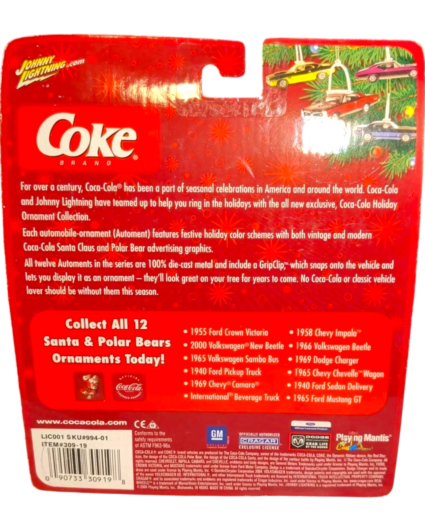 Johnny Lightning Coca-Cola 1969 Chevy Camaro die-cast holiday ornament, sealed in packaging.