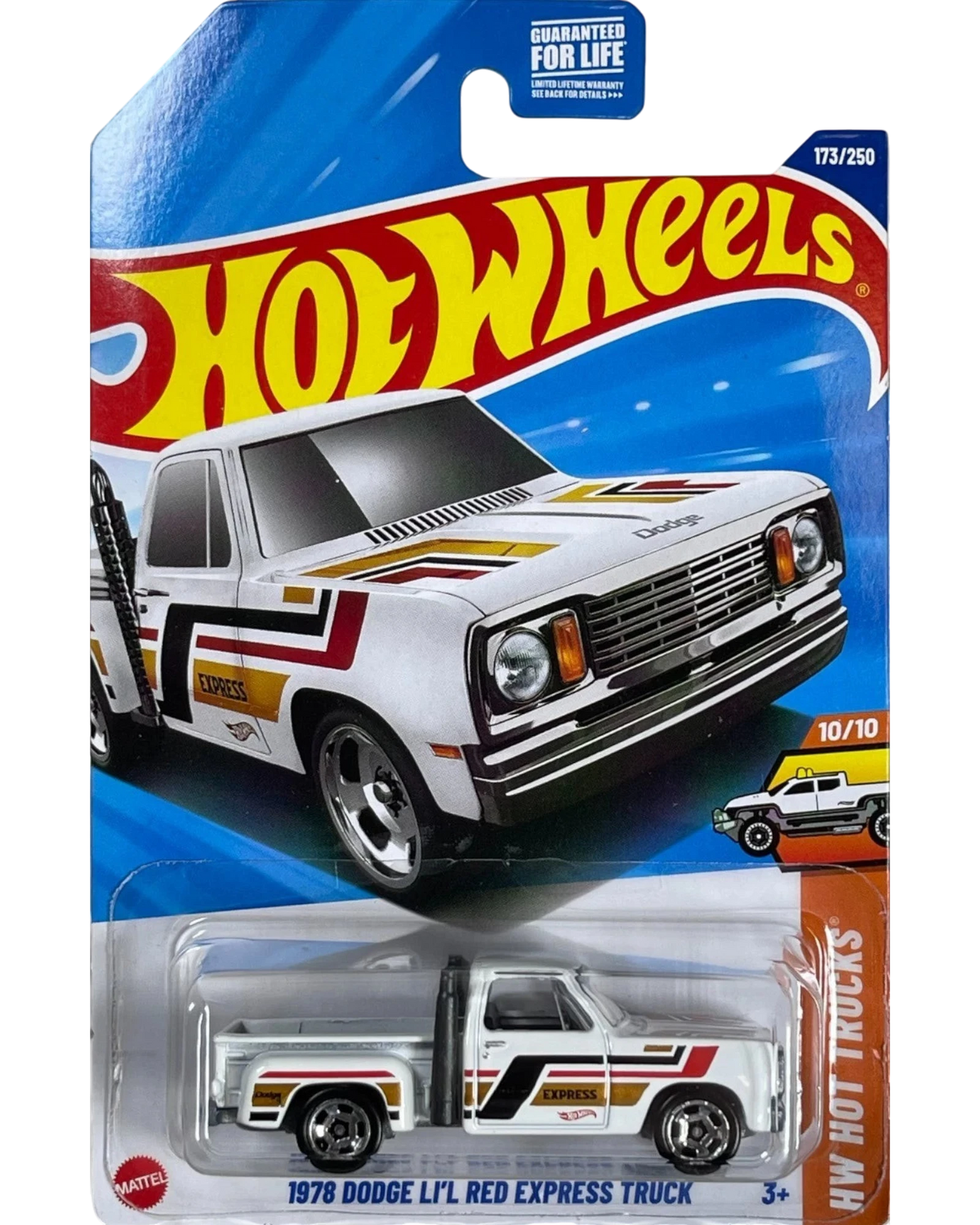 More Than Diecast 1978 Dodge Li'l Red Express Truck, white die-cast with red and gold racing stripes, twin exhaust stacks, and
