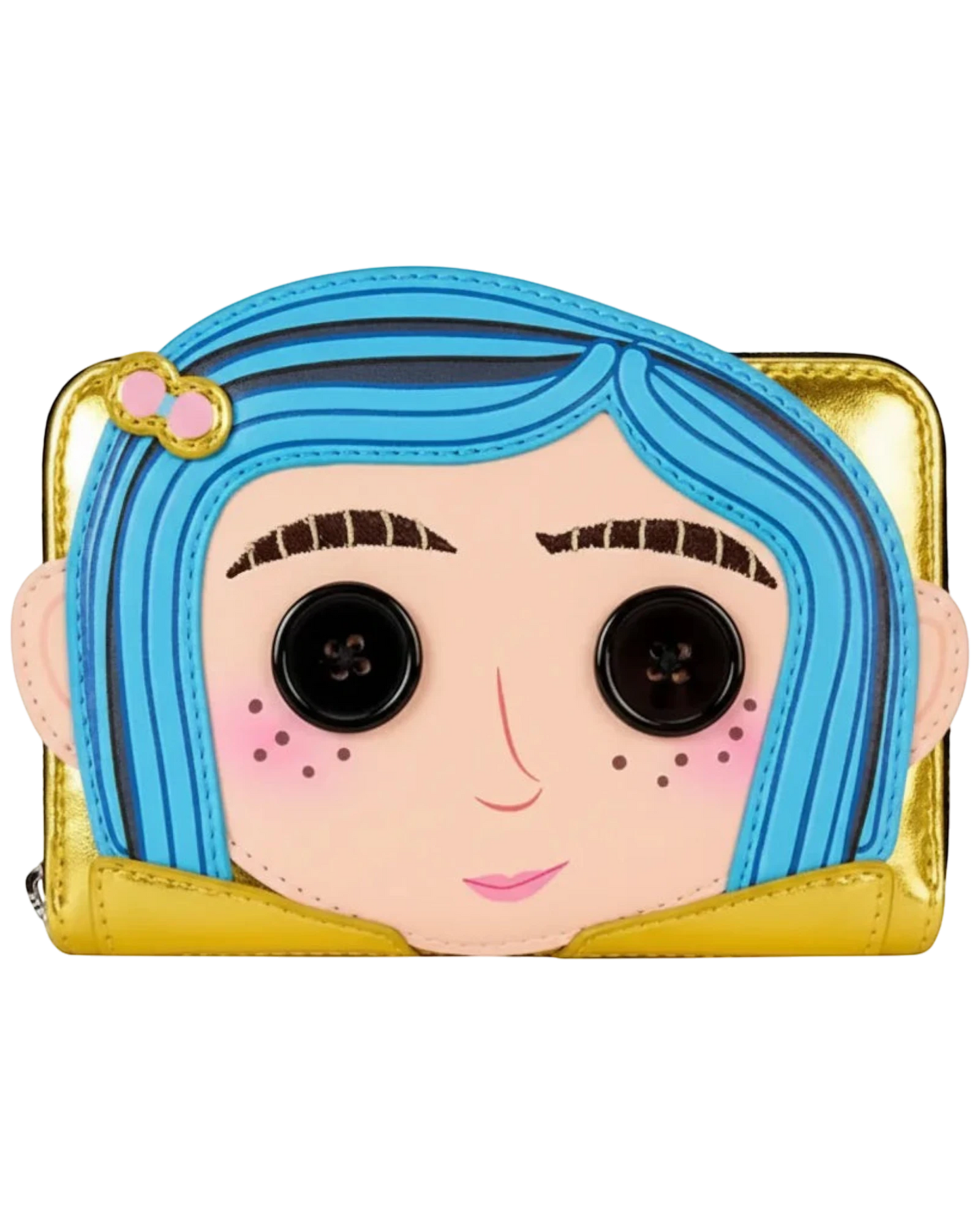 More Than Diecast Loungefly Coraline Doll Cosplay Wallet with blue hair, button eyes, and yellow trim. Officially licensed.