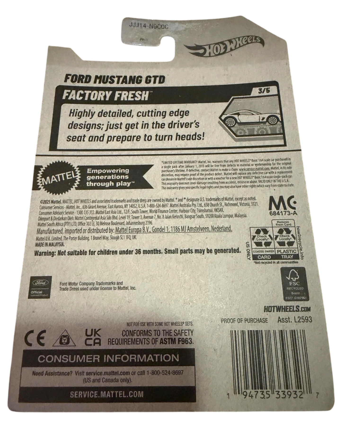More Than Diecast Ford Mustang GTD Factory Fresh 3/5 die-cast car packaging with product details and warnings.