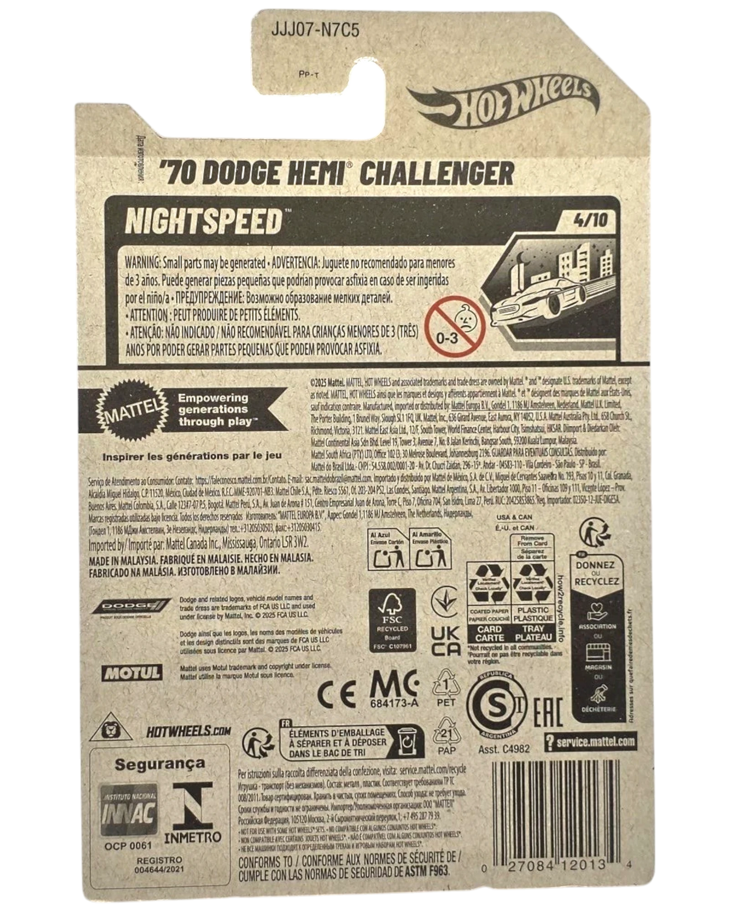 More Than Diecast Hot Wheels '70 Dodge Hemi Challenger Night Speed die-cast car, 4/10, 36/250. Features authentic styling and period-correct wheels.