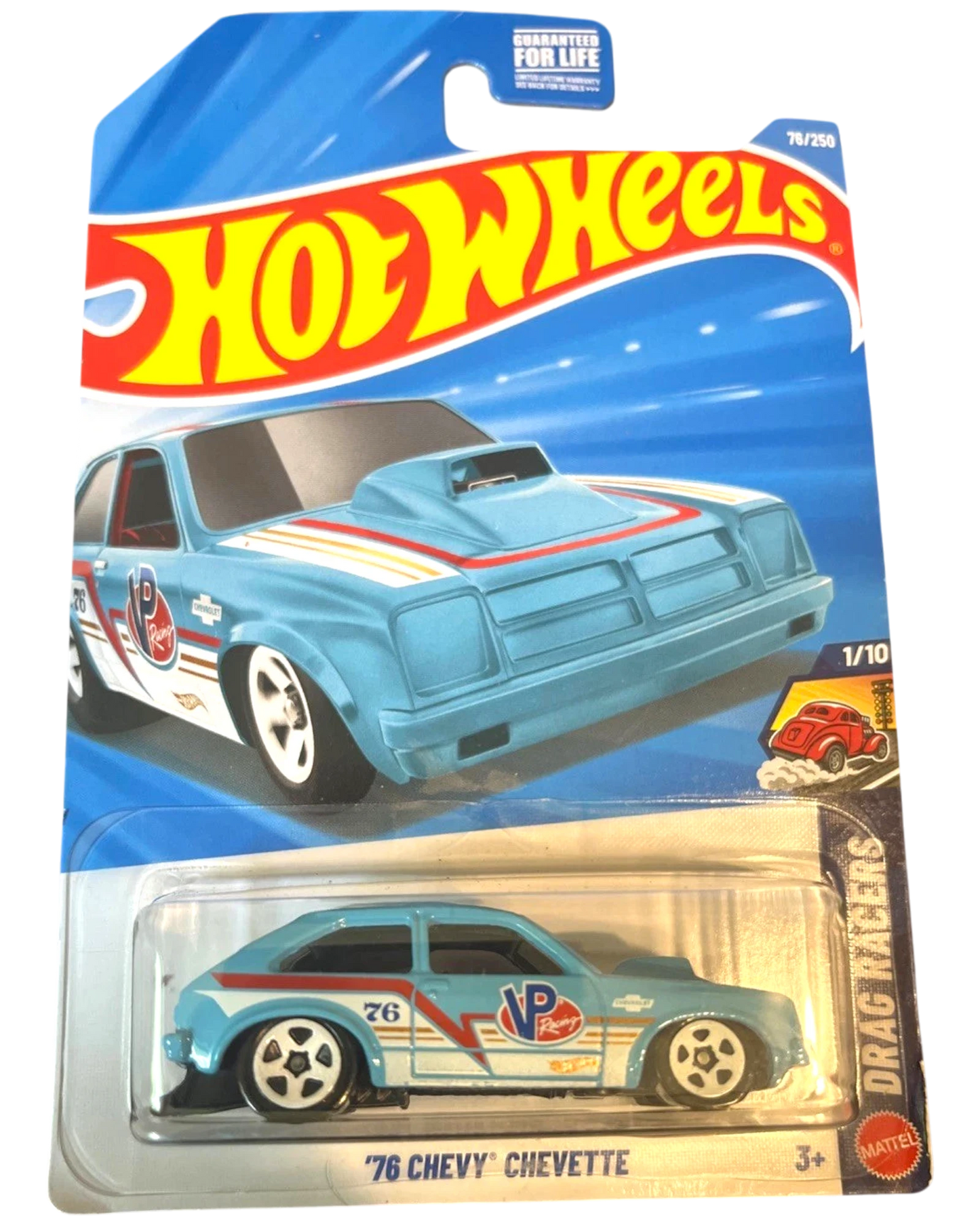 More Than Diecast: Hot Wheels 2025 '76 Chevy Chevette blue die-cast car with white and red racing stripes and VP Racing logo.
