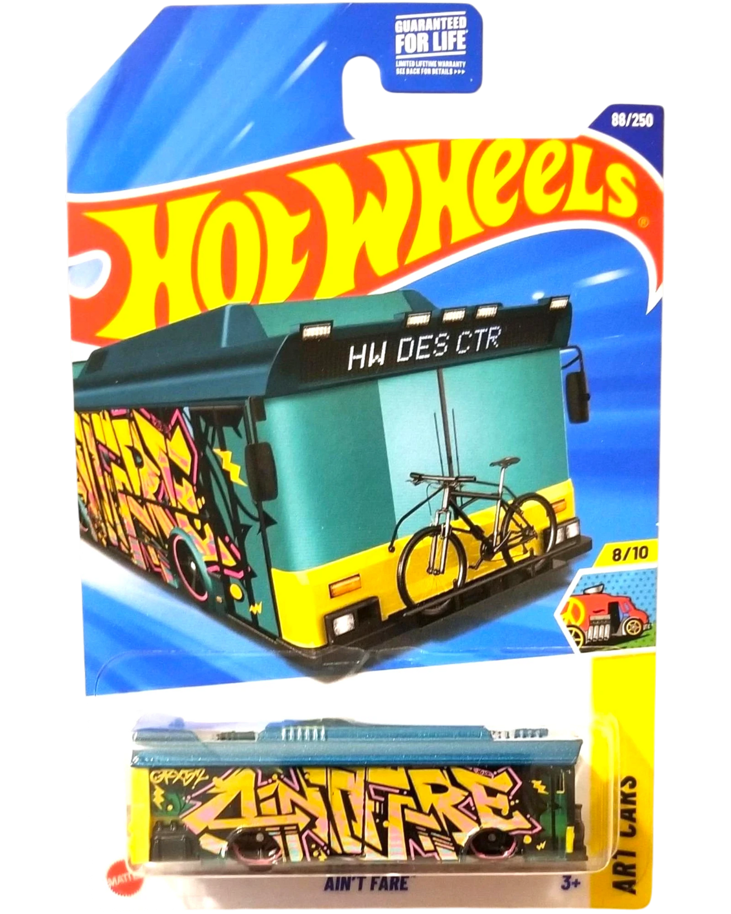 More Than Diecast Hot Wheels 2025 Art Cars Ain't Fare bus toy with graffiti art and a bicycle on top.