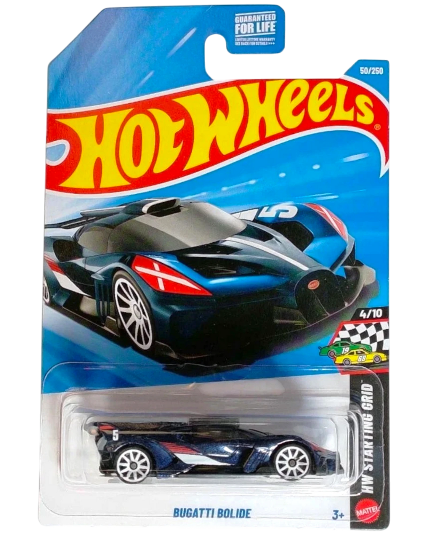 More Than Diecast Hot Wheels Bugatti Bolide toy car, 1:64 scale, deep blue with red and white racing stripes, #50/250