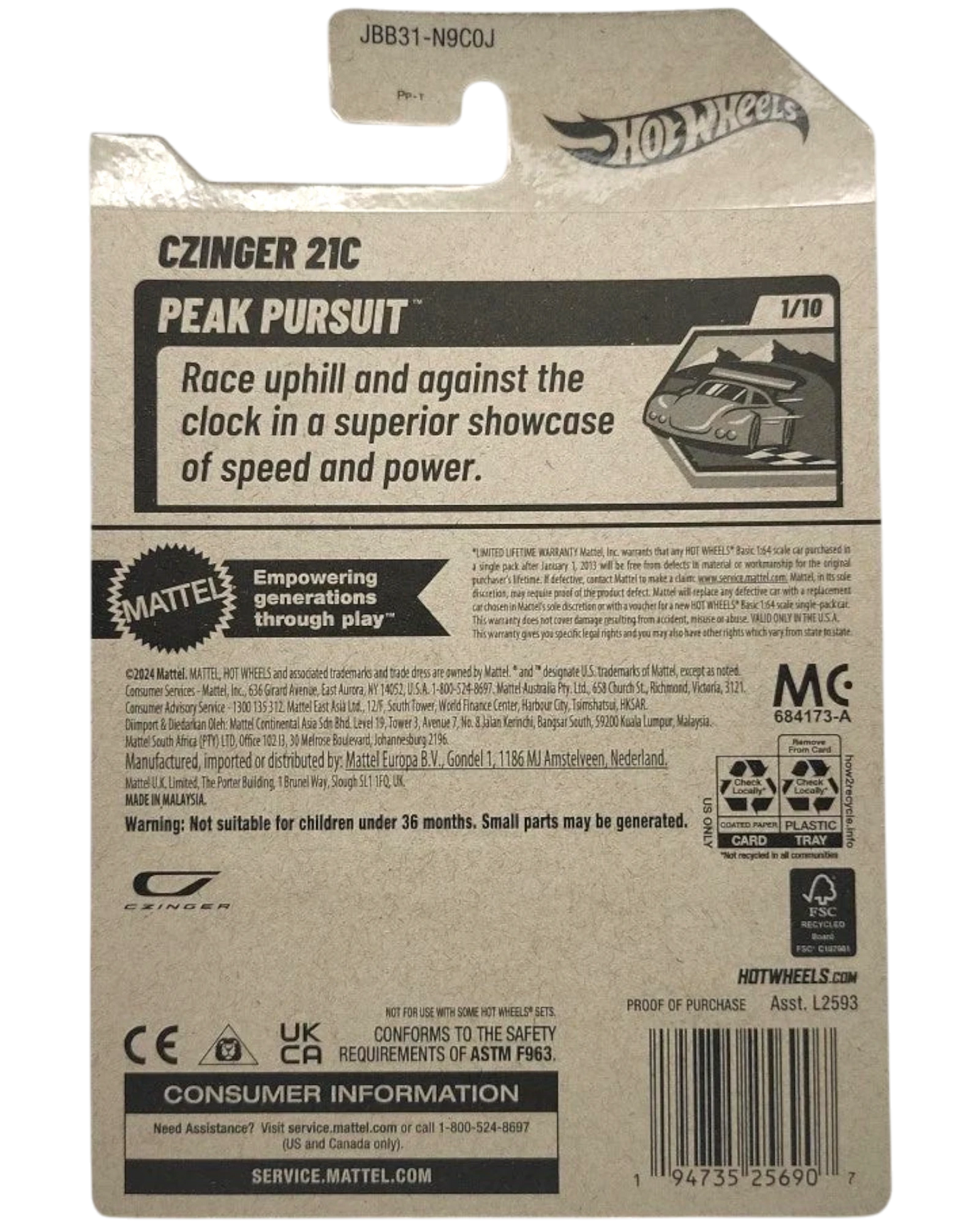 More Than Diecast Hot Wheels 2025 Czinger 21c Peak Pursuit die-cast model in orange. Card shows product details and branding.