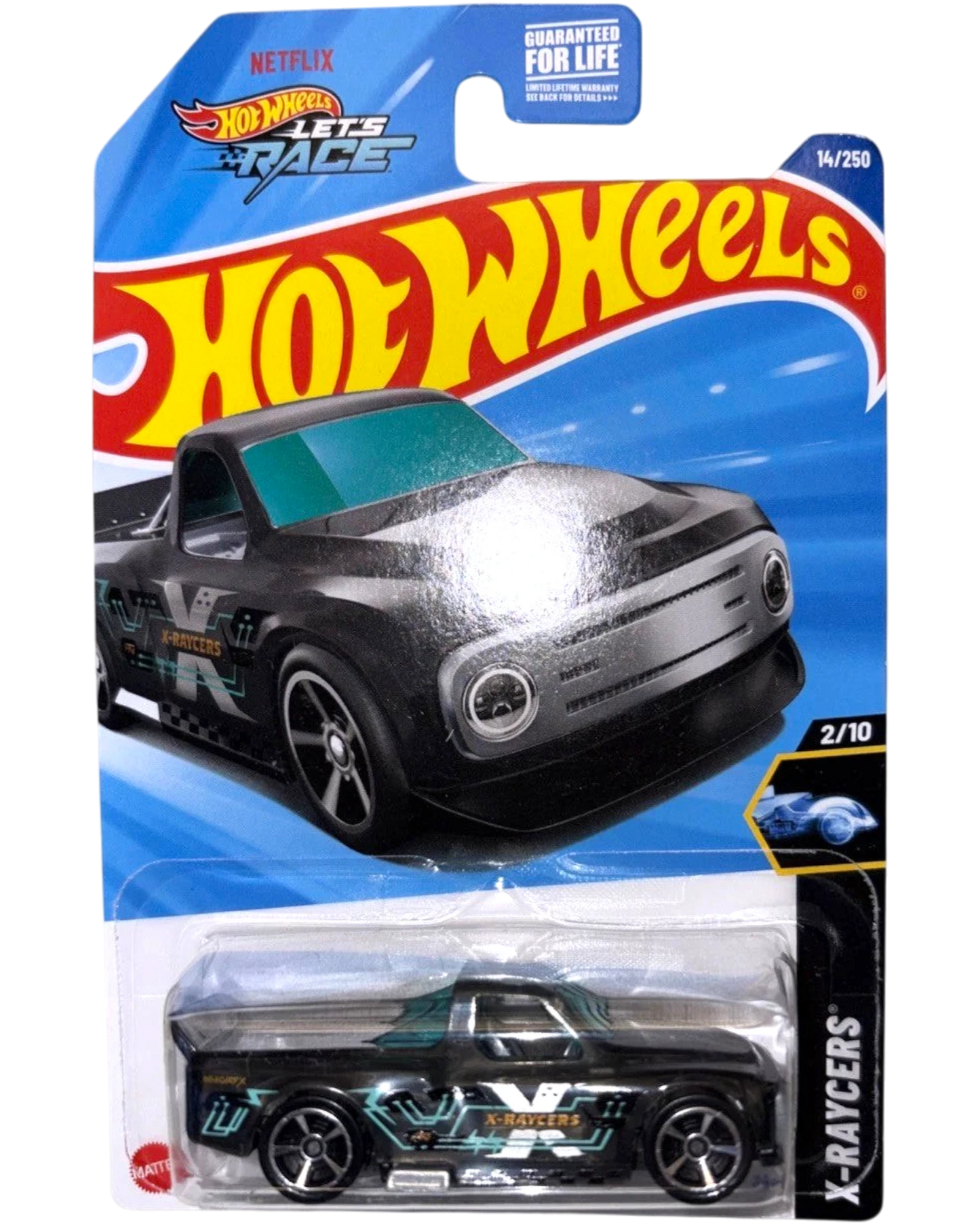 More Than Diecast Hot Wheels 2025 Draftnator toy truck, black with teal and white X-Raycers graphics, in packaging.