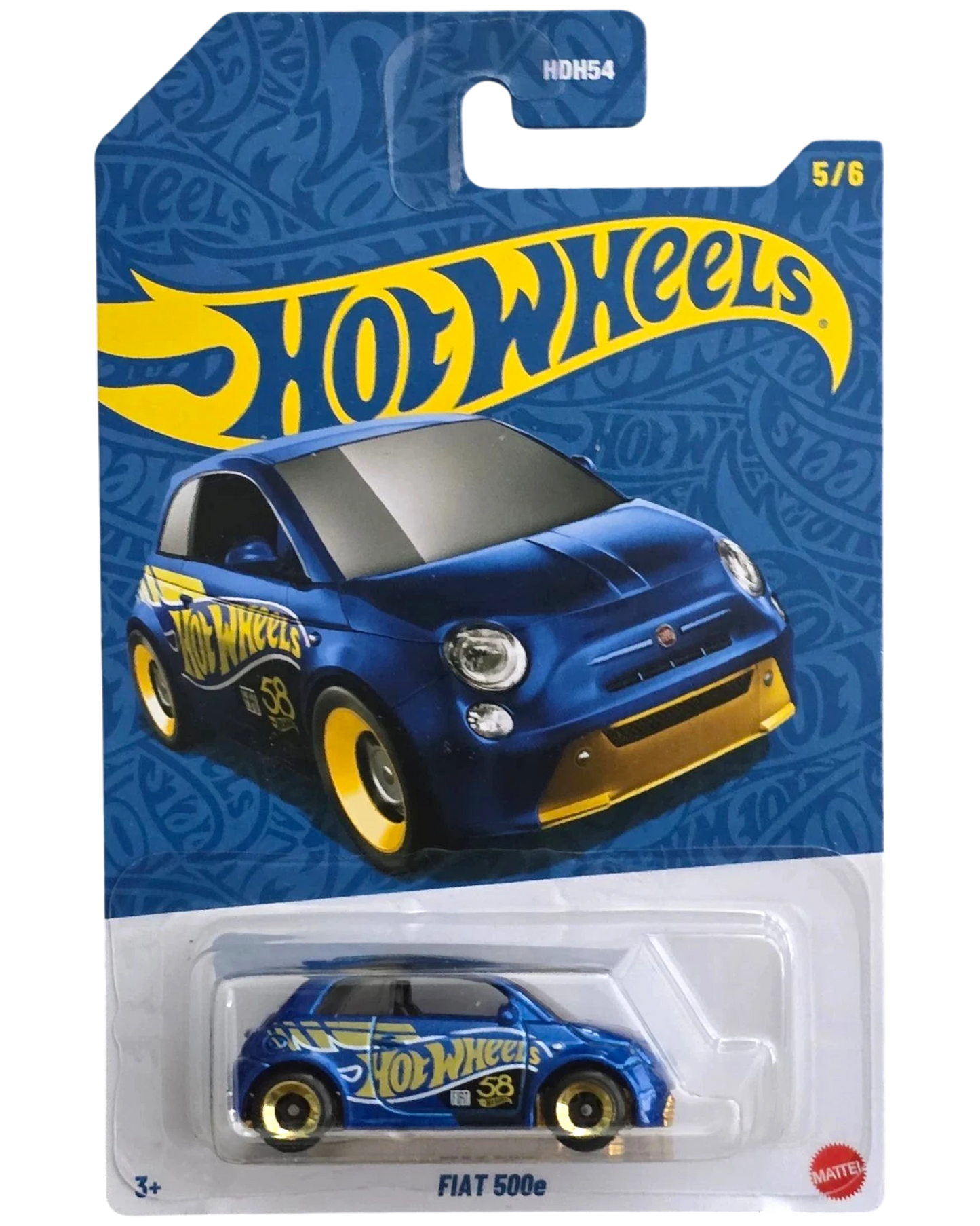 More Than Diecast 2026 Hot Wheels Fiat 500e, 1:64 scale, pearl blue with gold accents and anniversary graphics.