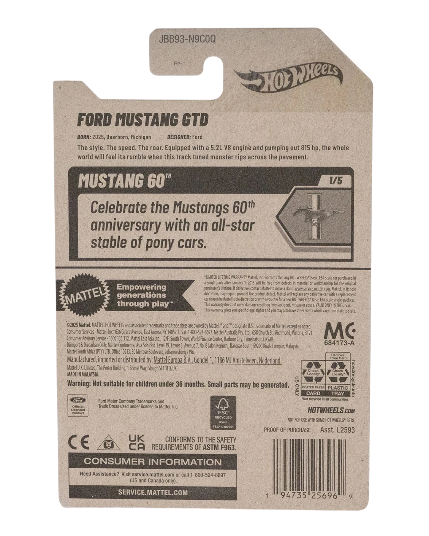 More Than Diecast Hot Wheels Ford Mustang GTD 34/250 collectible toy car packaging.