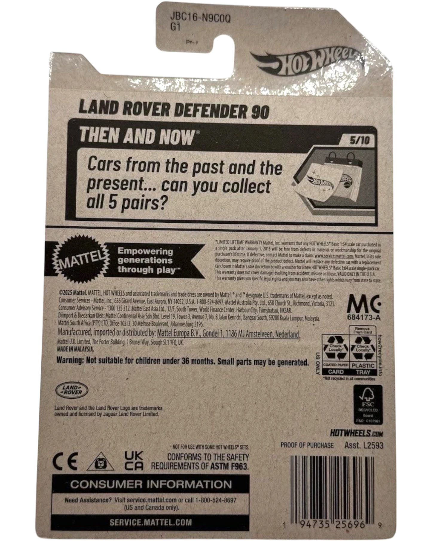 More Than Diecast Hot Wheels 2025 Then and Now Land Rover Defender 90 green die-cast model packaging.