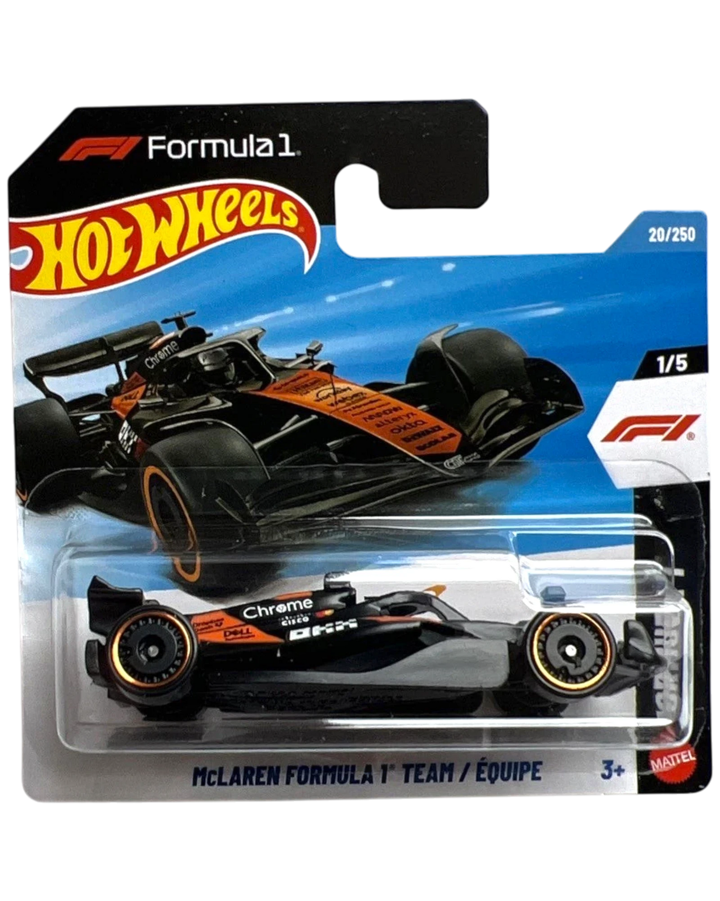 More Than Diecast Hot Wheels 1:64 scale McLaren F1 Team car in papaya orange livery with black accents and gold wheel rims.