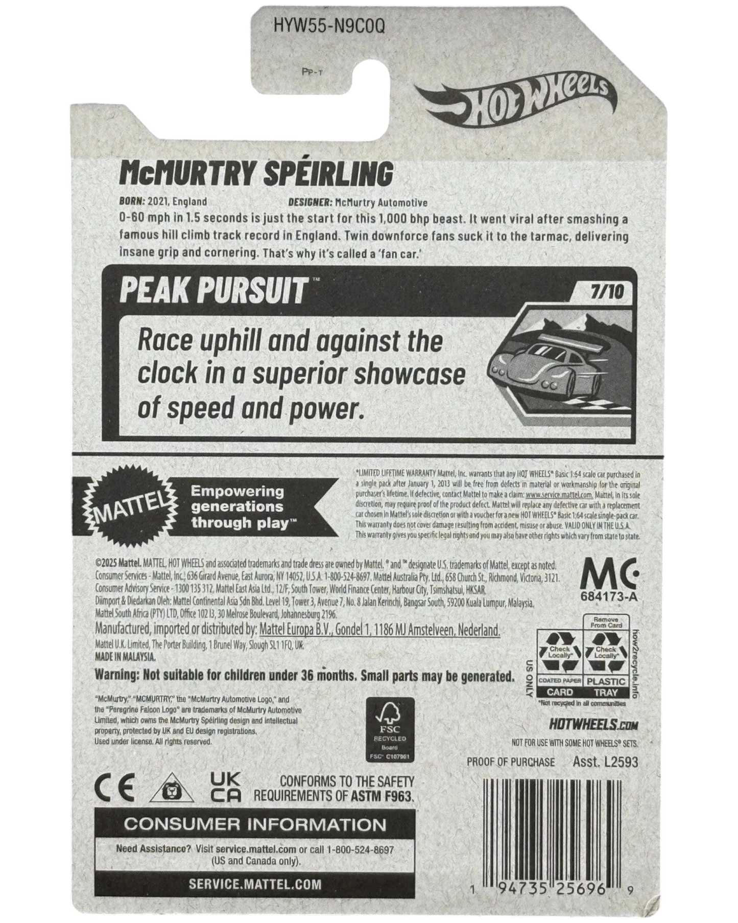 More Than Diecast 2025 Hot Wheels McMurtry Speirling gray die-cast model car, 7/10 series, with detailed graphics and realistic design.