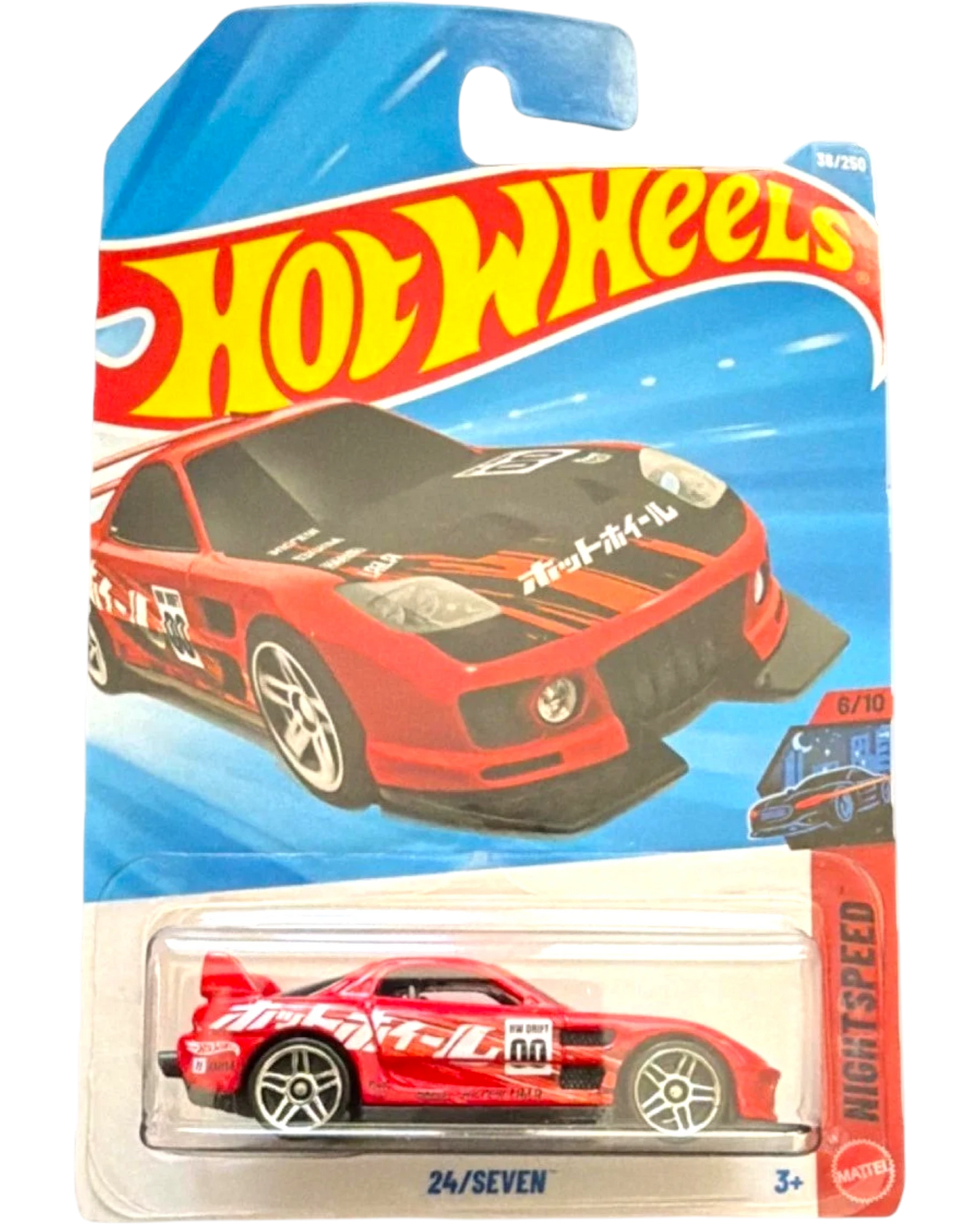 More Than Diecast Hot Wheels 24/SEVEN Nightspeed 1:64 red, black, and white diecast car with racing decals and spoiler.