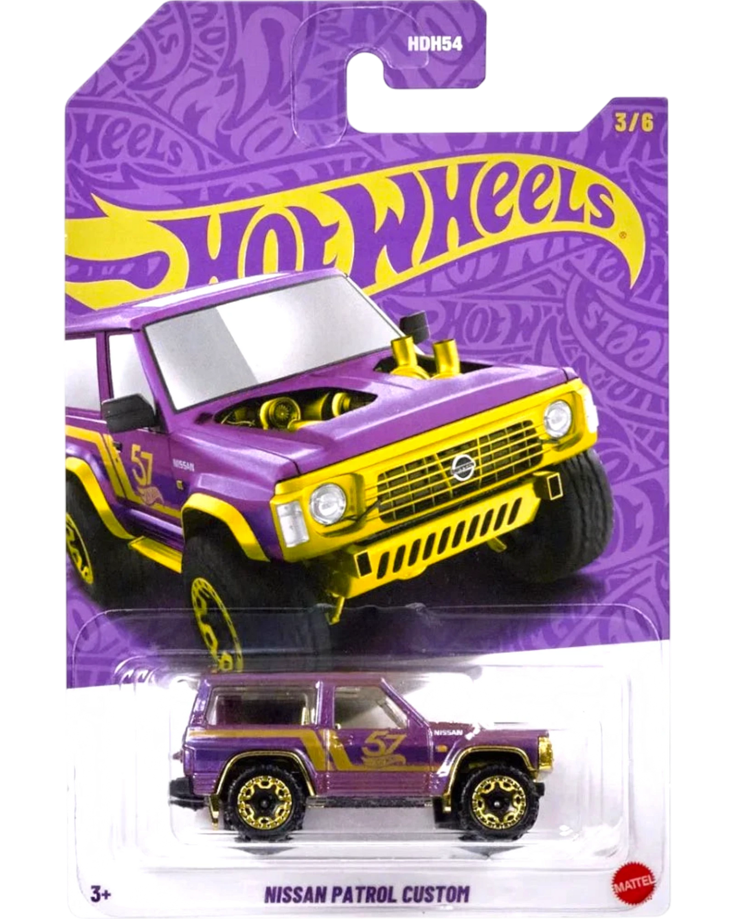 More Than Diecast Hot Wheels Nissan Patrol Custom, 1:64 scale diecast car in purple with gold accents and custom graphics.