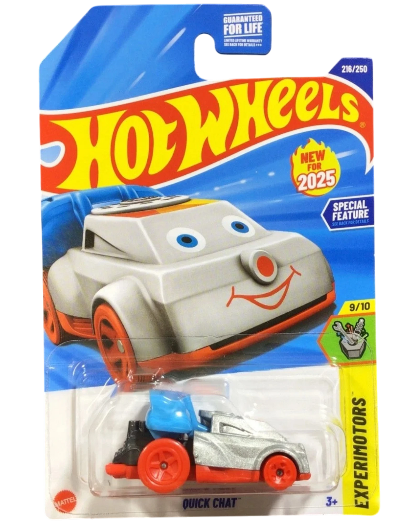 More Than Diecast Hot Wheels Quick Chat toy phone, a silver and orange car with blue accents and a smiling face.
