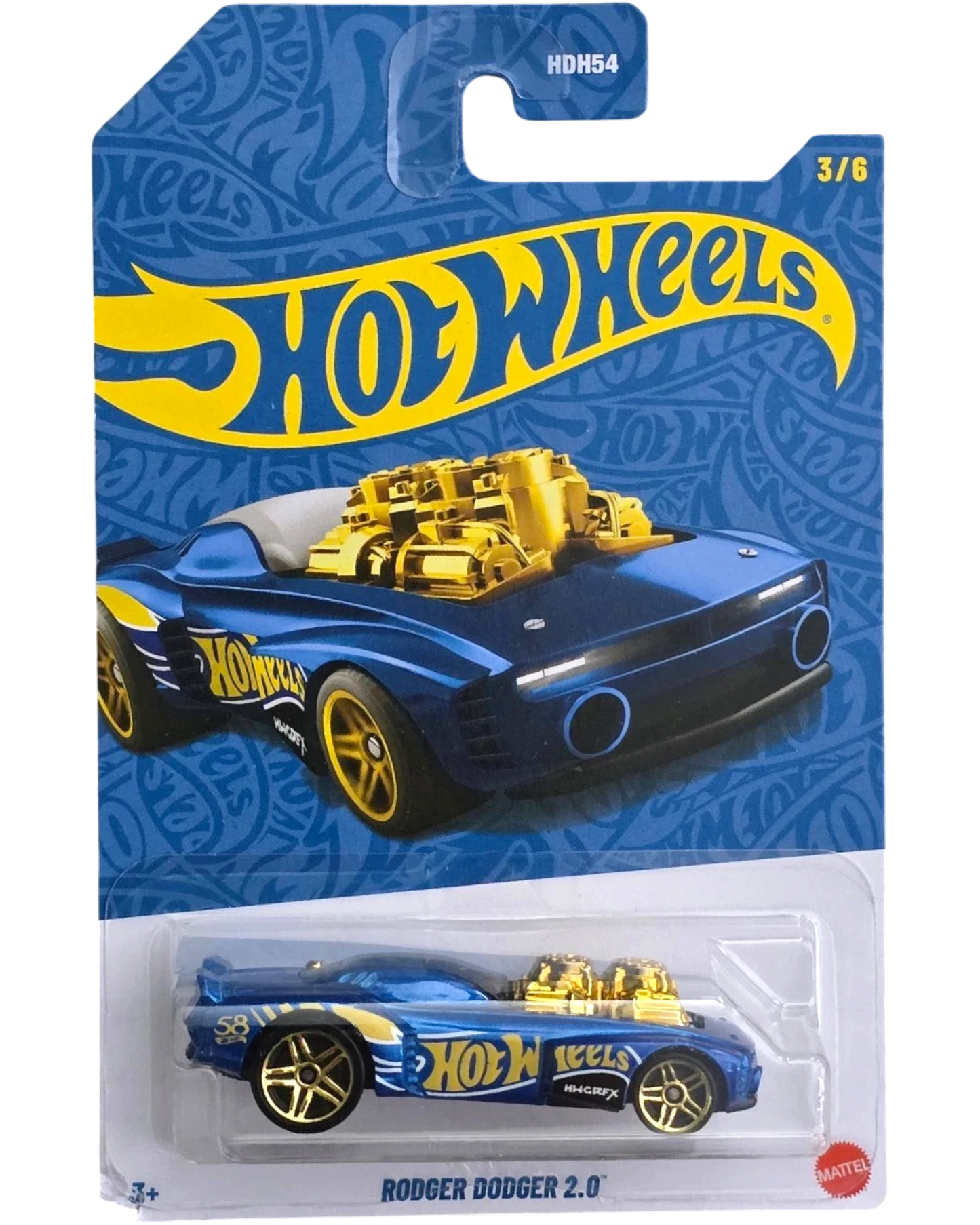 More Than Diecast 2026 Rodger Dodger 2.0 Hot Wheels 1:64 scale die-cast car in blue with pearl chrome finish and gold accents.