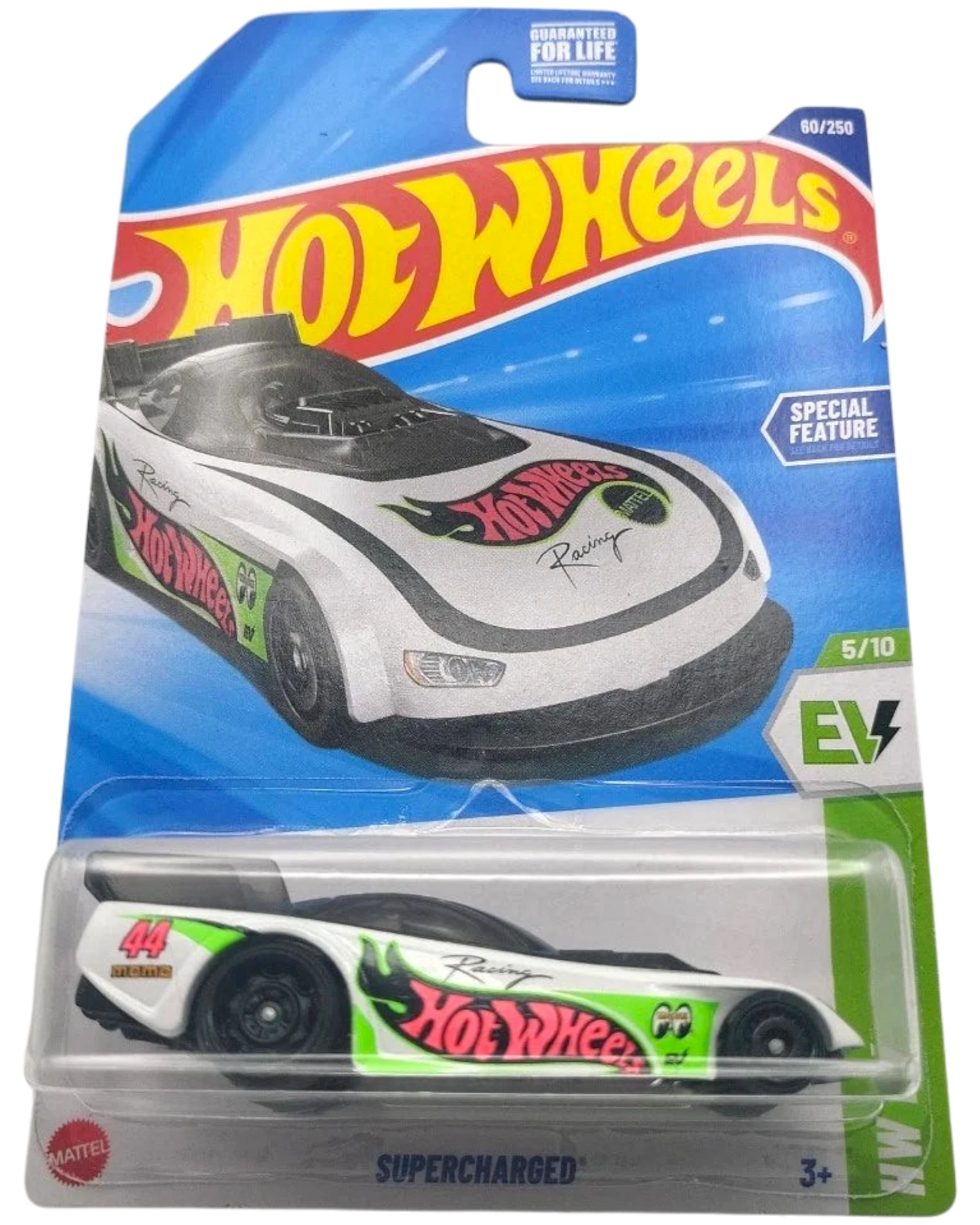 More Than Diecast Hot Wheels 2025 Supercharged EV die-cast car, white with green and pink Mooneyes graphics, on display card.