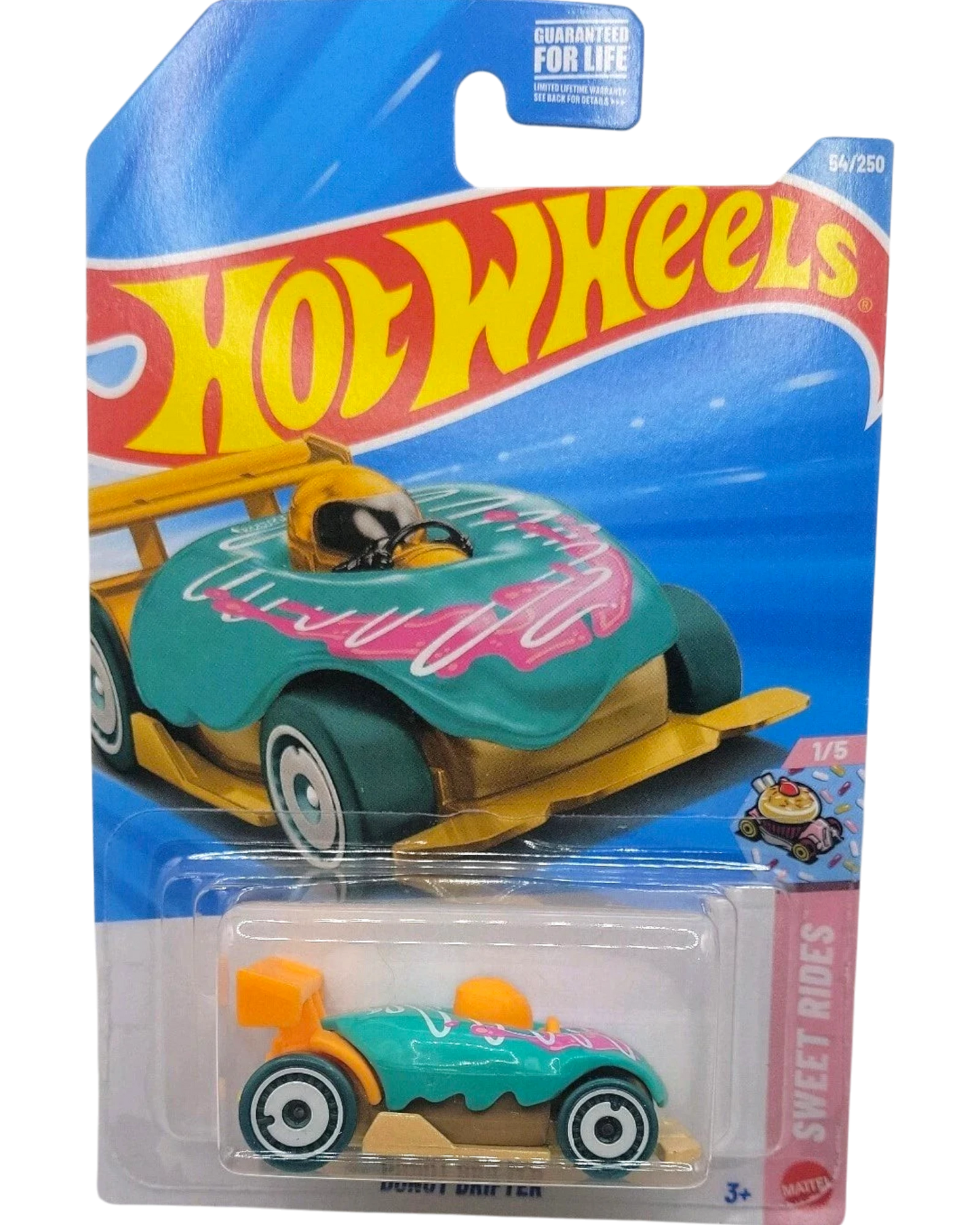 More Than Diecast 2026 Hot Wheels Donut Drifter 54/250 Sweet Rides toy car in teal with pink and white frosting details and orange accents.