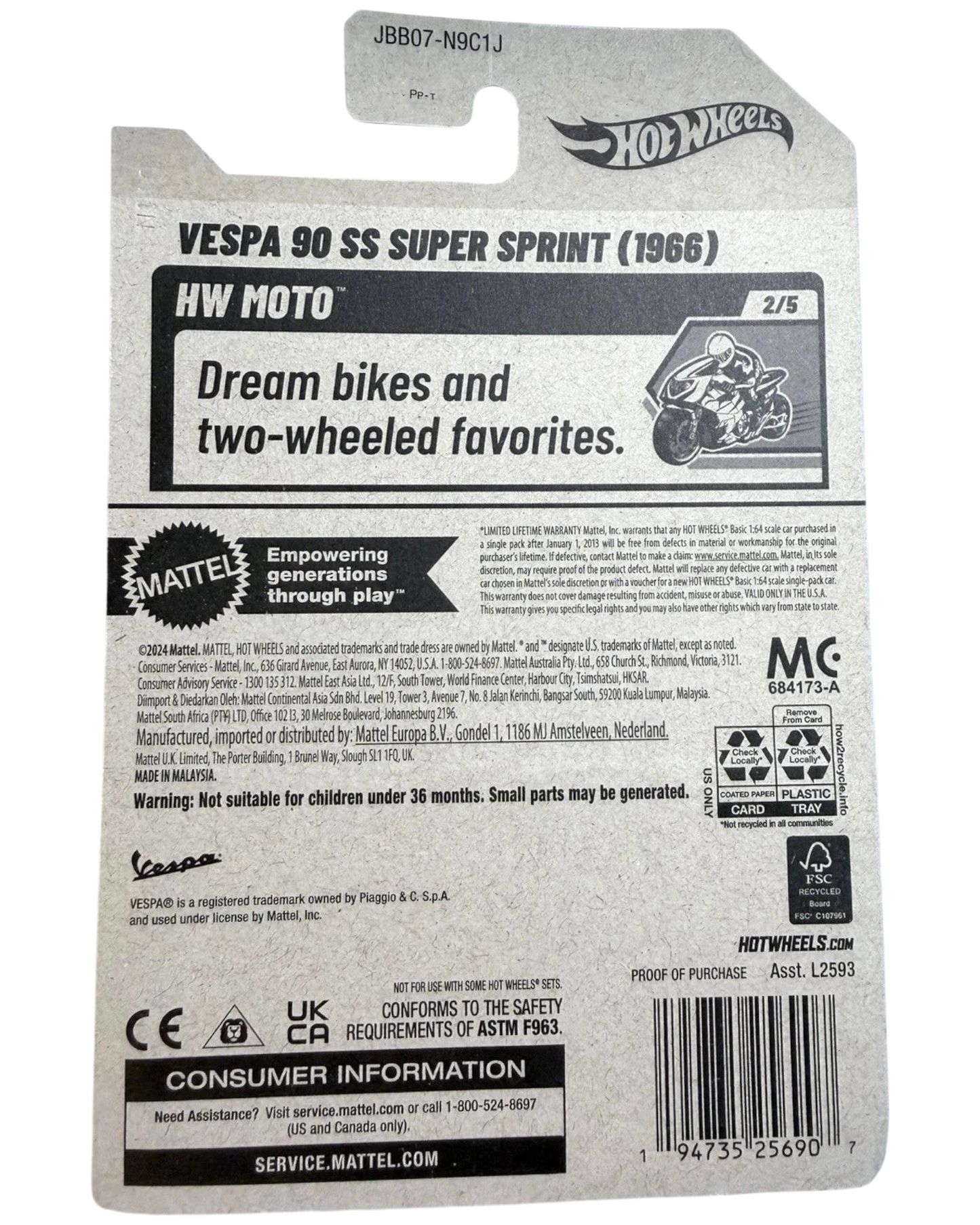 More Than Diecast Hot Wheels HW Moto Vespa 90 SS Super Sprint 1966 diecast toy card with product details and safety information.