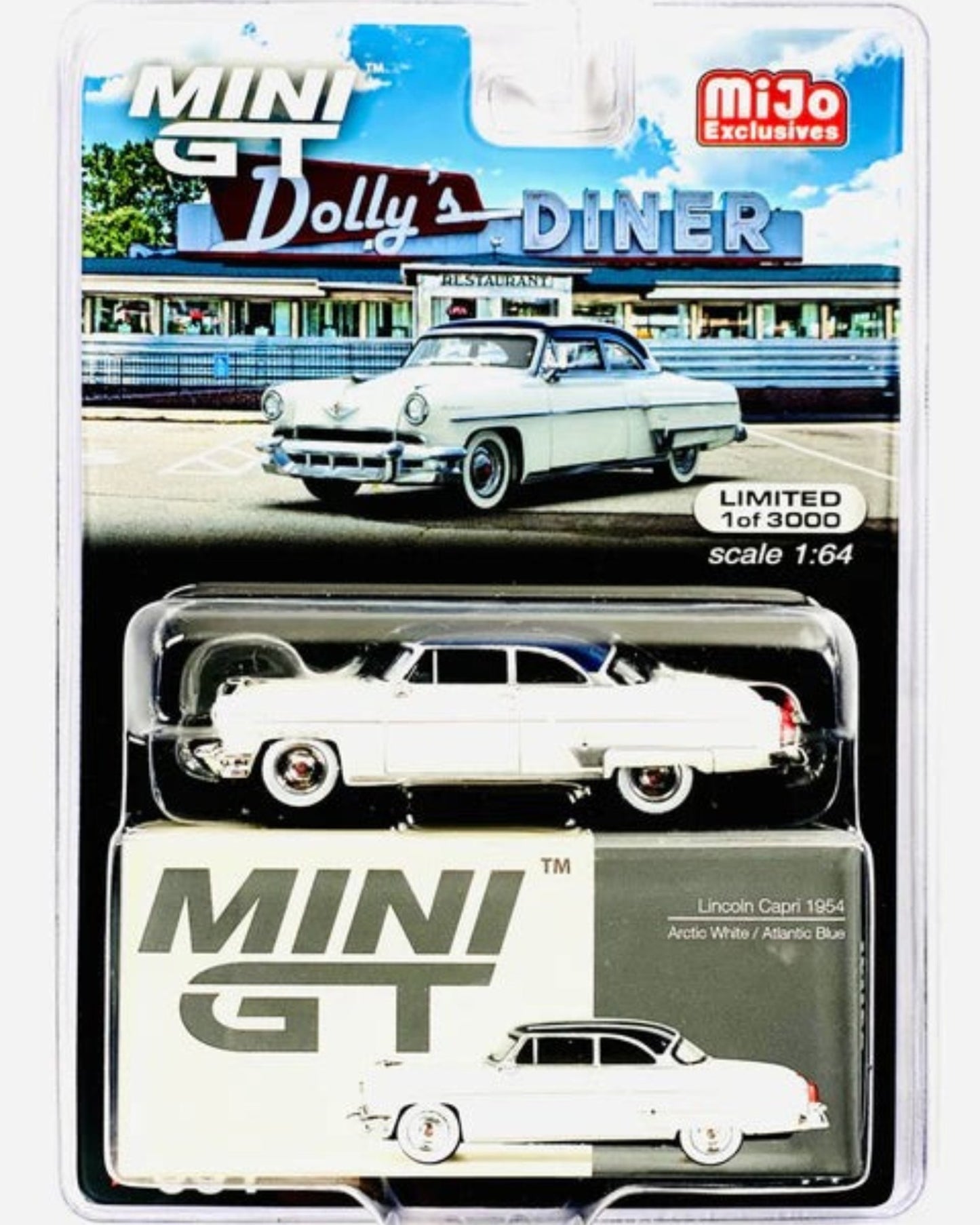 More Than Diecast Mini GT Mijo Exclusive 1954 Lincoln Capri, Arctic White and Atlantic Blue two-tone diecast model car.