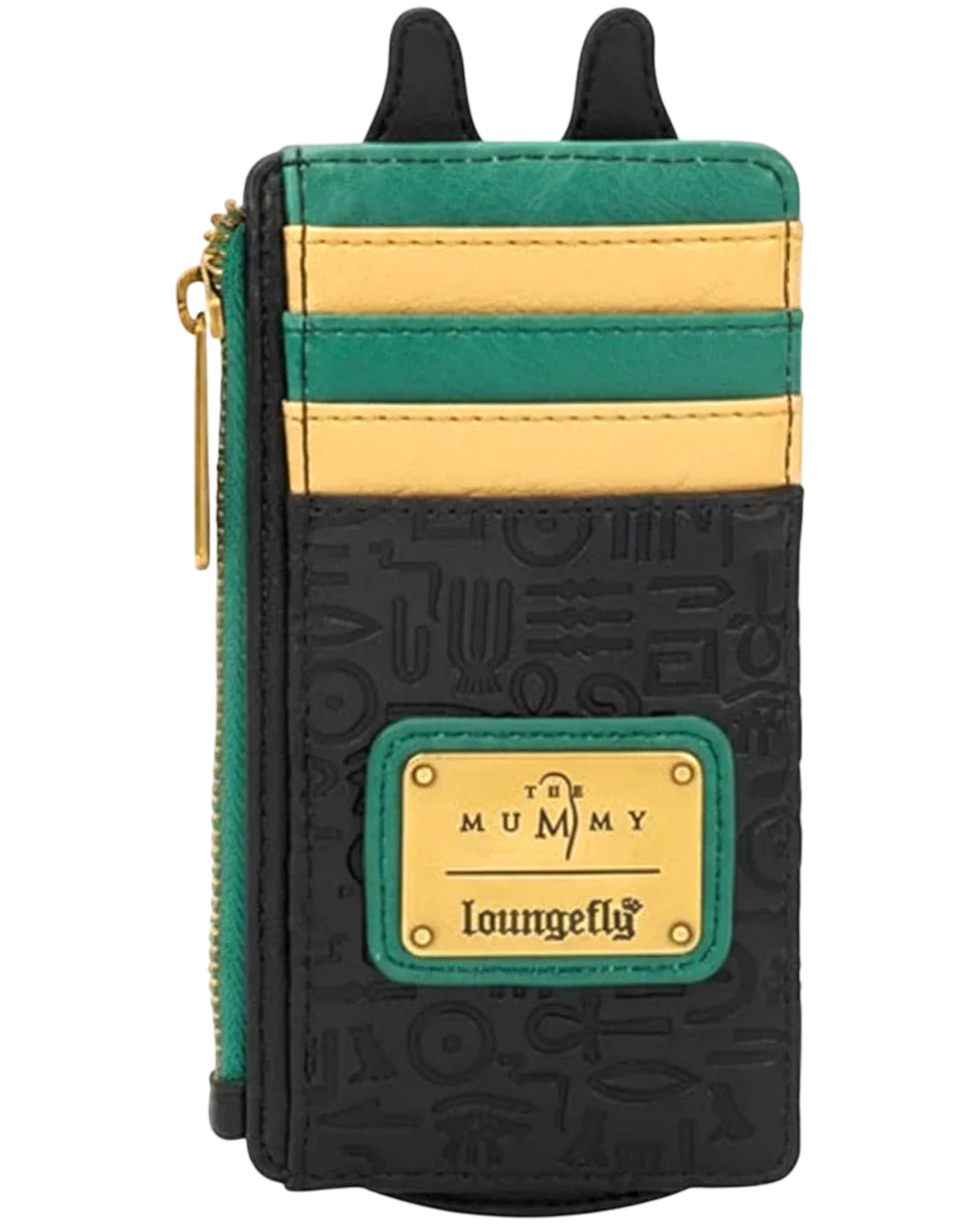 More Than Diecast Loungefly Mummy cardholder wallet in black faux leather with green and gold stripes, Egyptian hieroglyphics, and a gold plaque.