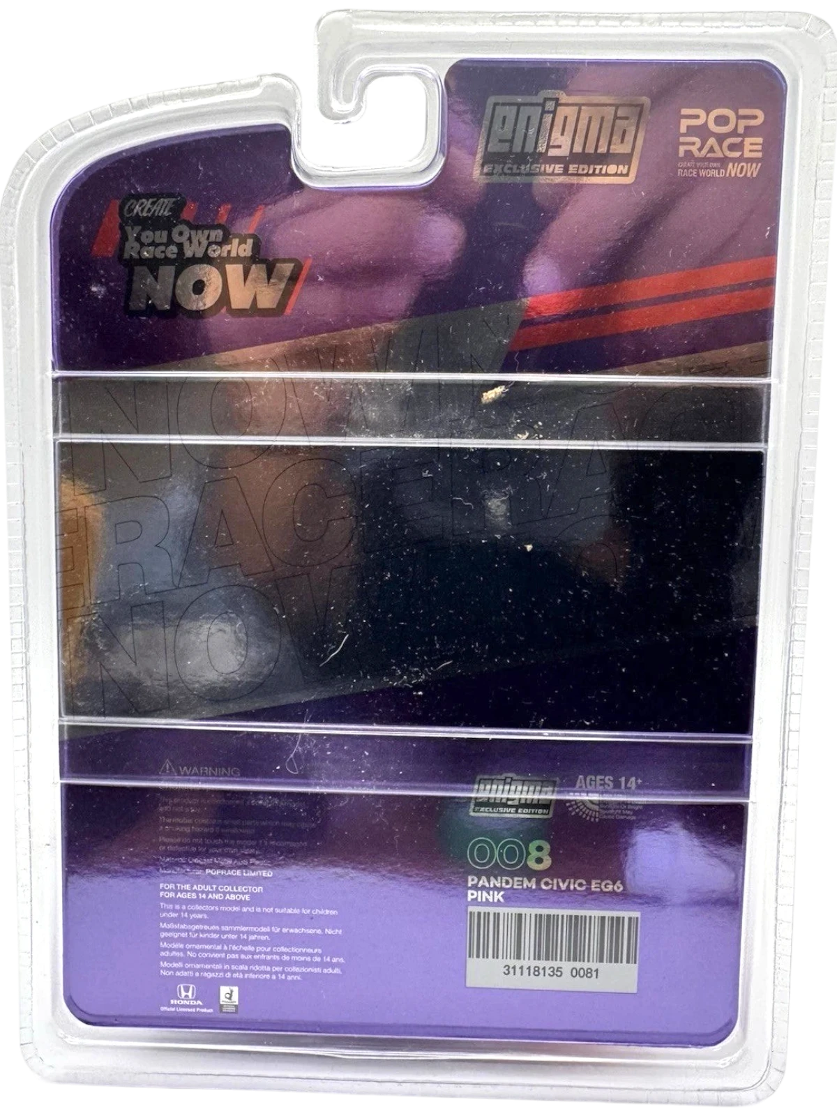 More Than Diecast Pop Race Enigma Exclusive Pandem Civic EG6 Pink #008 diecast model in packaging.