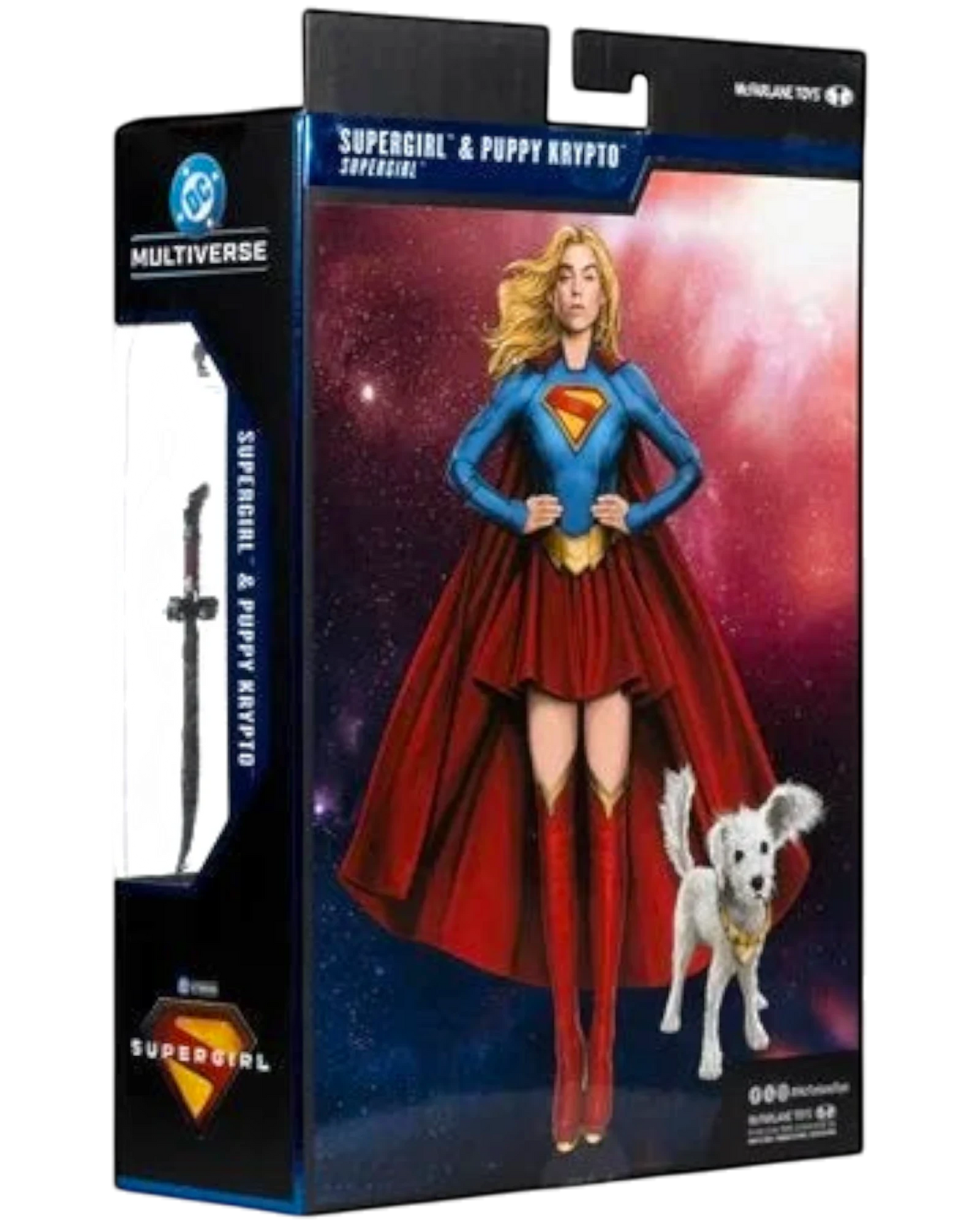 More Than Diecast McFarlane Toys DC Multiverse Supergirl and Baby Krypto 7-inch action figures in box, featuring Supergirl in blue and red costume with cape and Baby Krypto.