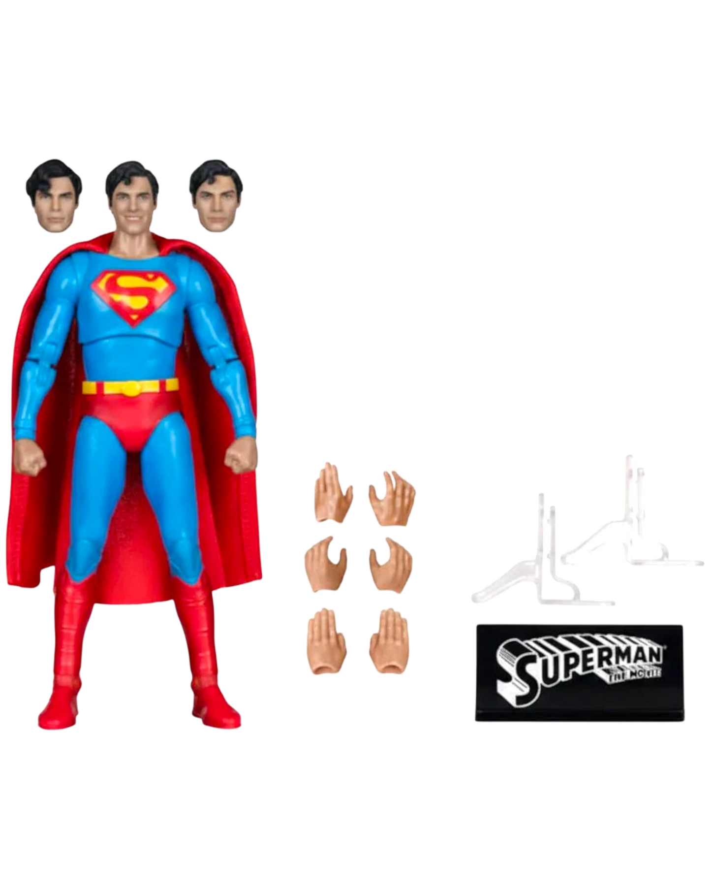 More Than Diecast McFarlane DC Multiverse 1978 Superman 7-inch action figure with alternate heads, hands, and display stand.