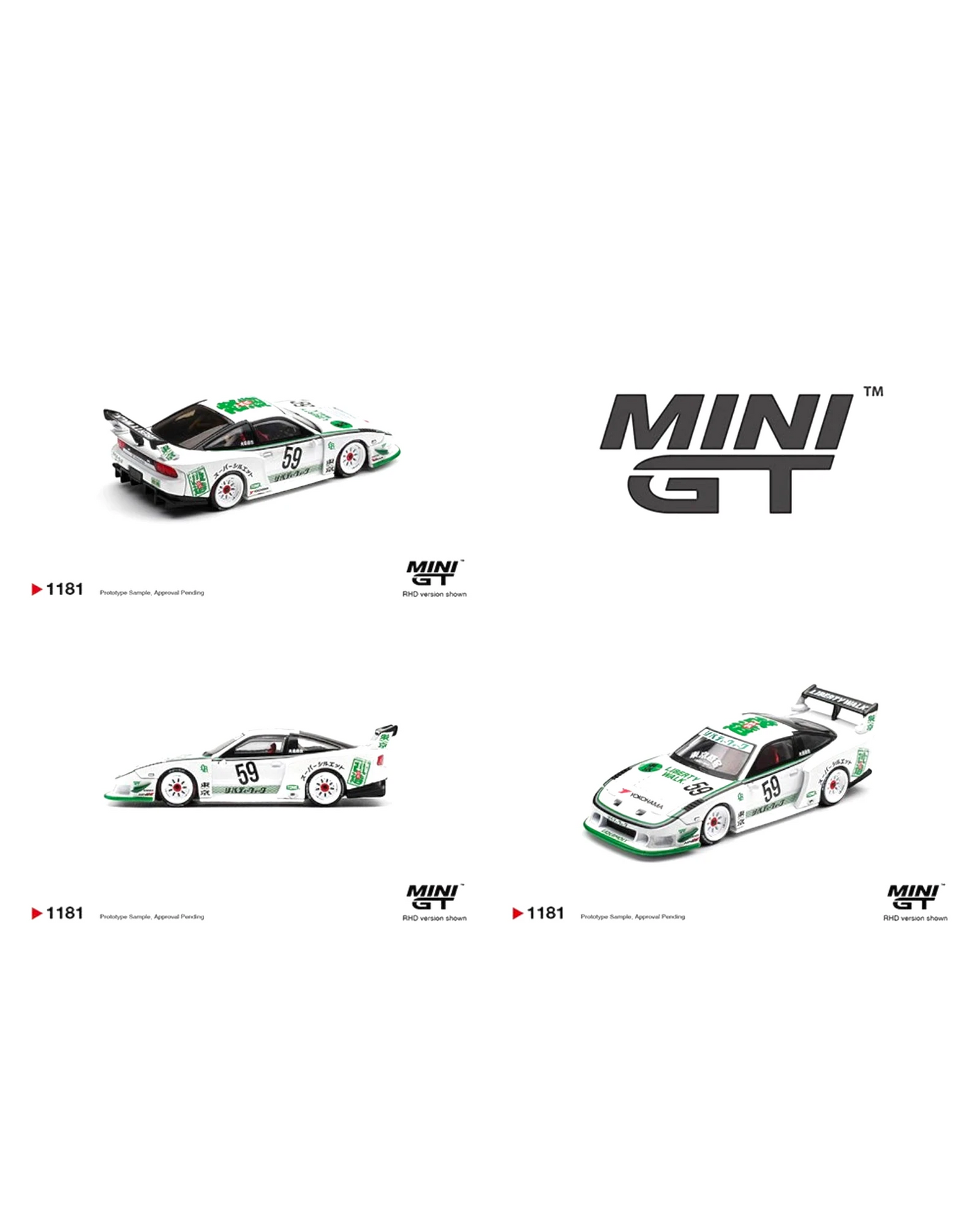 More Than Diecast 1:64 scale white Nissan LB-Silhouette 180SX die-cast model with green accents and racing number 59.