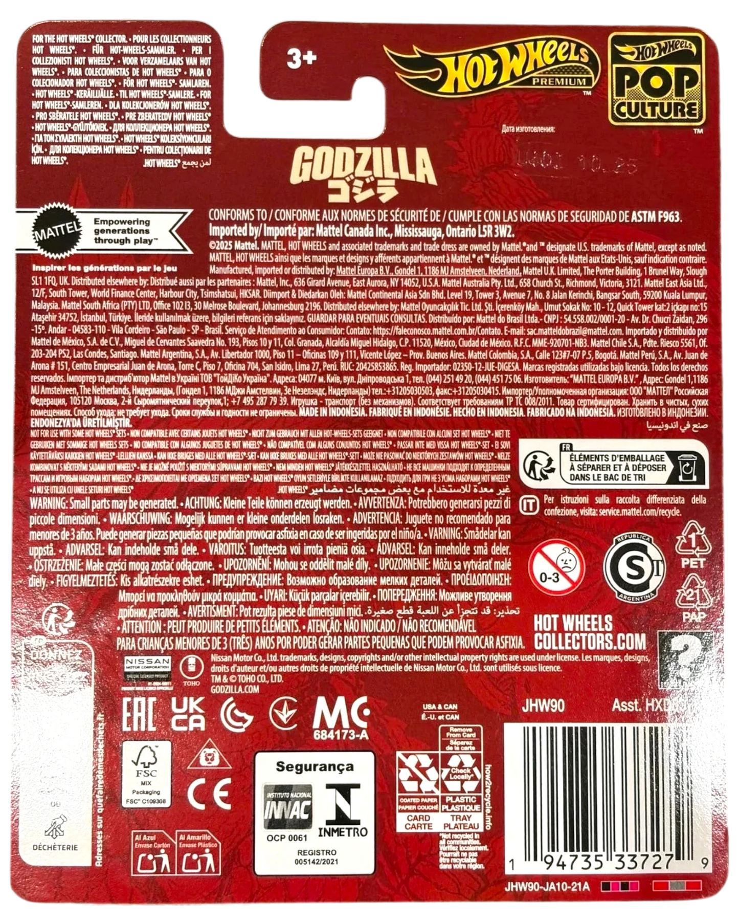 Back of a Hot Wheels Godzilla toy packaging with branding and product details.