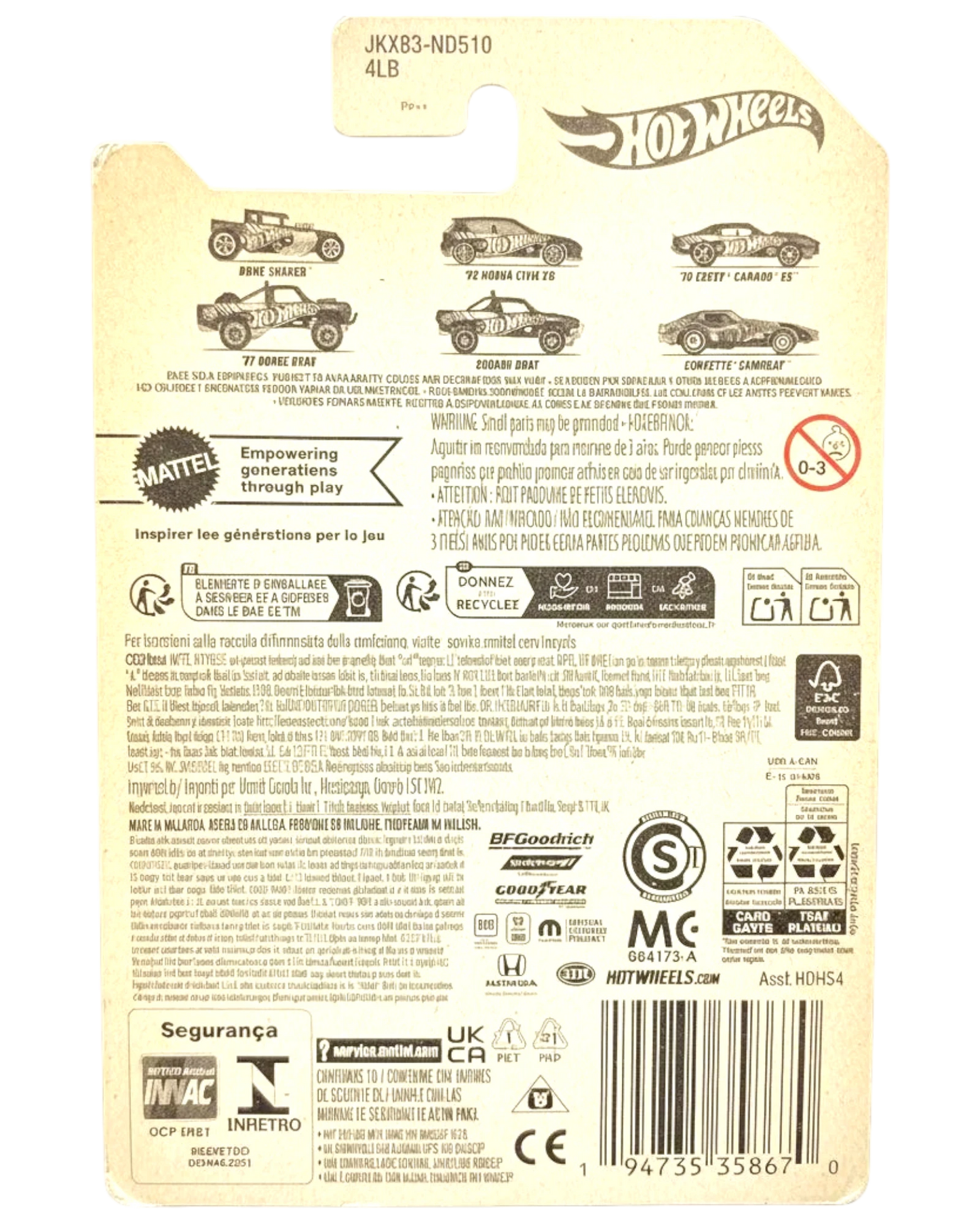 Back of a Hot Wheels packaging with branding and product details on a textured white background