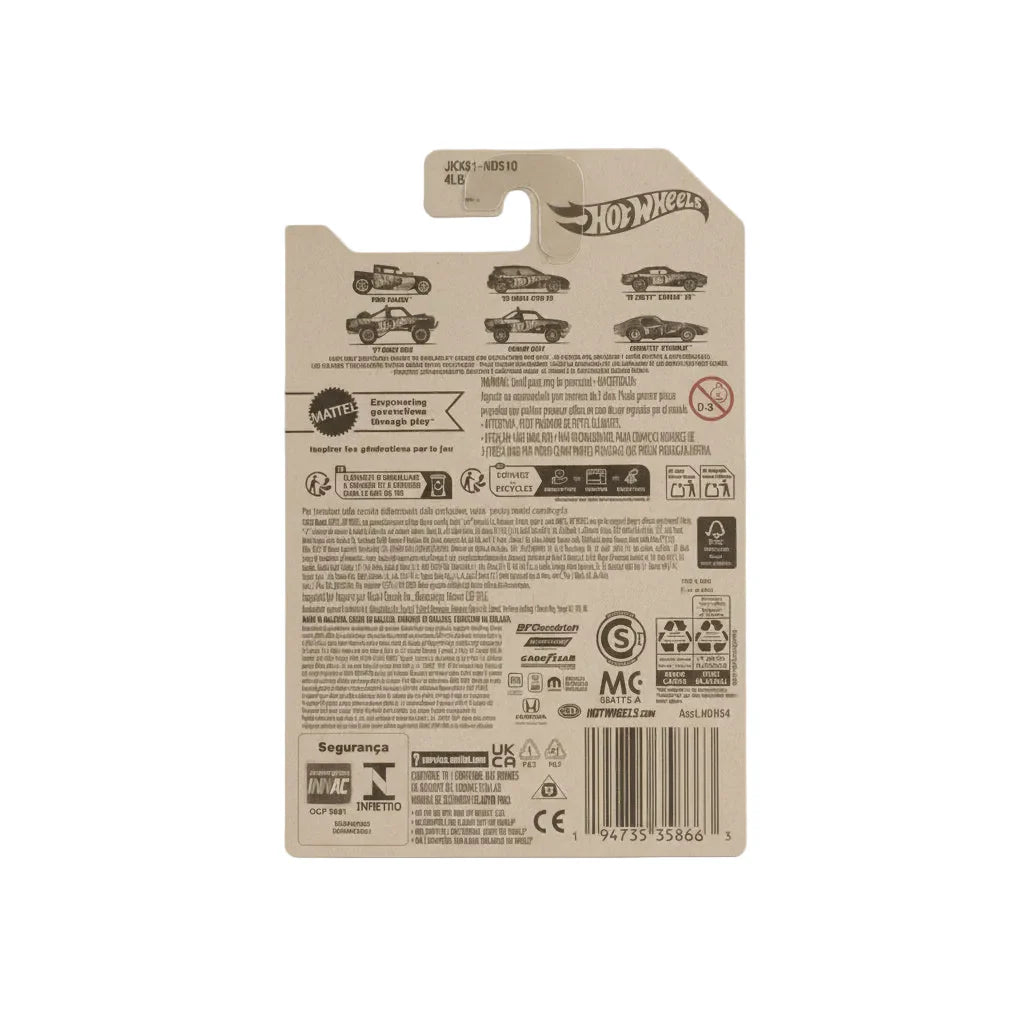 Back of a Hot Wheels packaging with branding and product details on a striped background