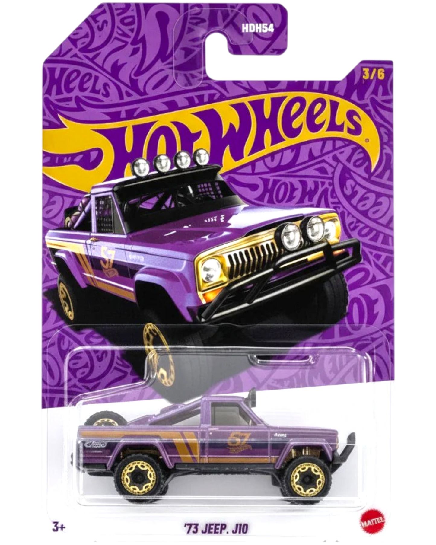 Hot Wheels '73 Jeep J10 toy car in packaging with purple and yellow design.