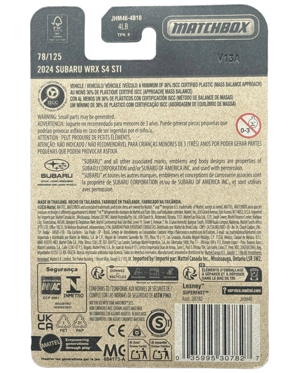 More Than Diecast Matchbox 2024 Subaru WRX S4 STI die-cast packaging back with product details and safety warnings