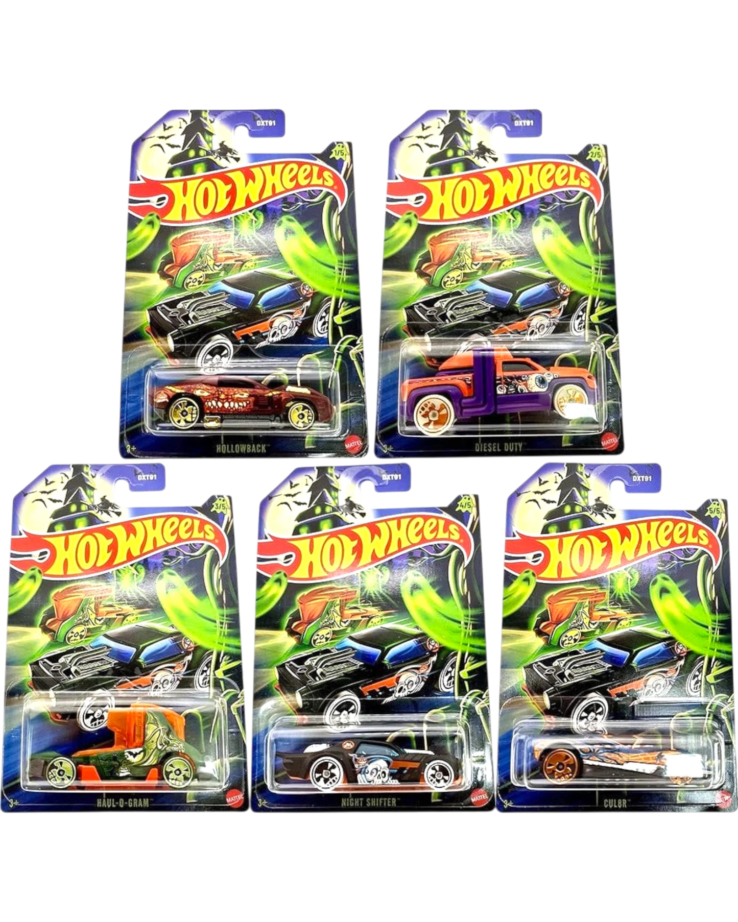 Five Hot Wheels toy car packages on a white background