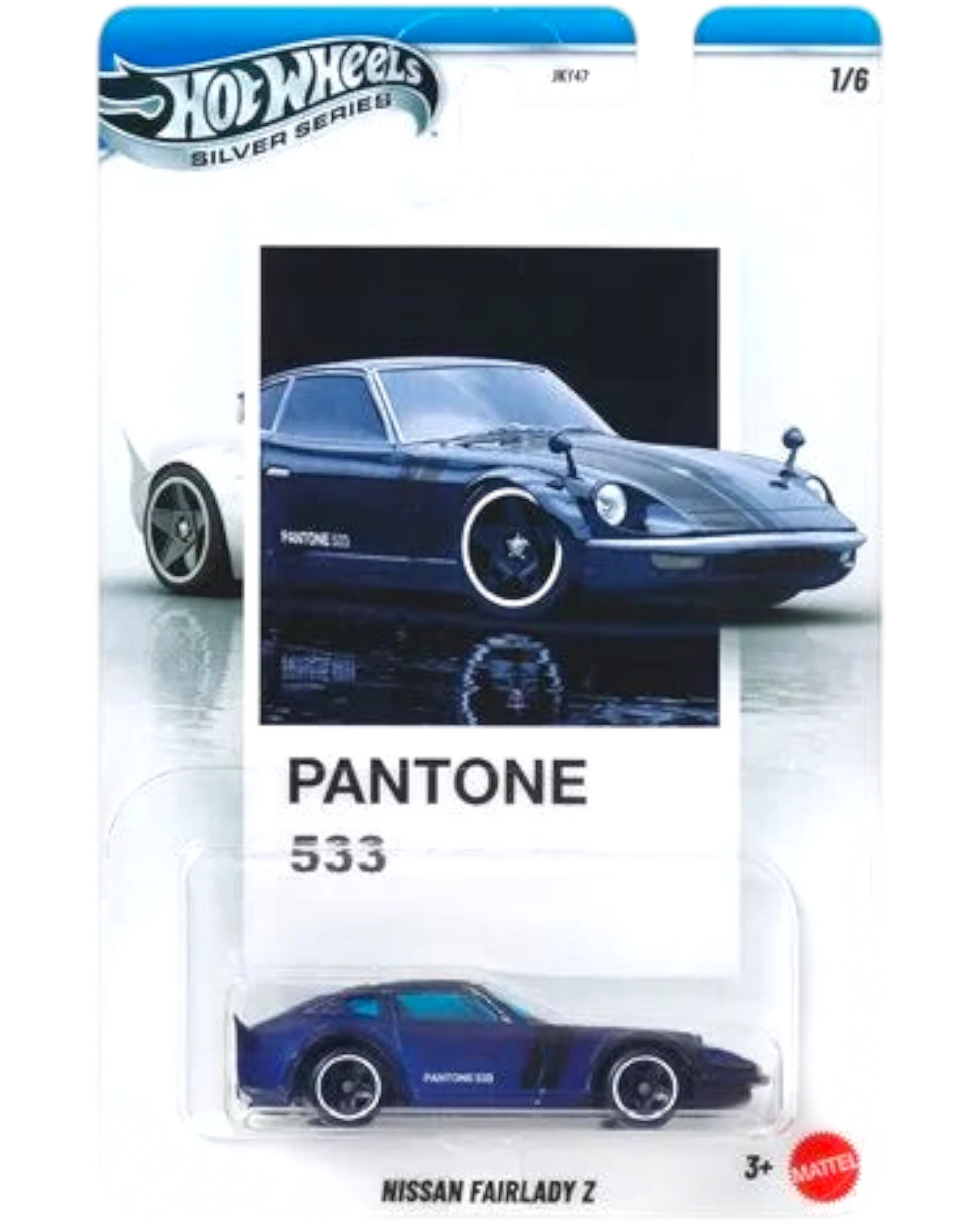 Hot Wheels Nissan Fairlady Z model car in Pantone 533 packaging