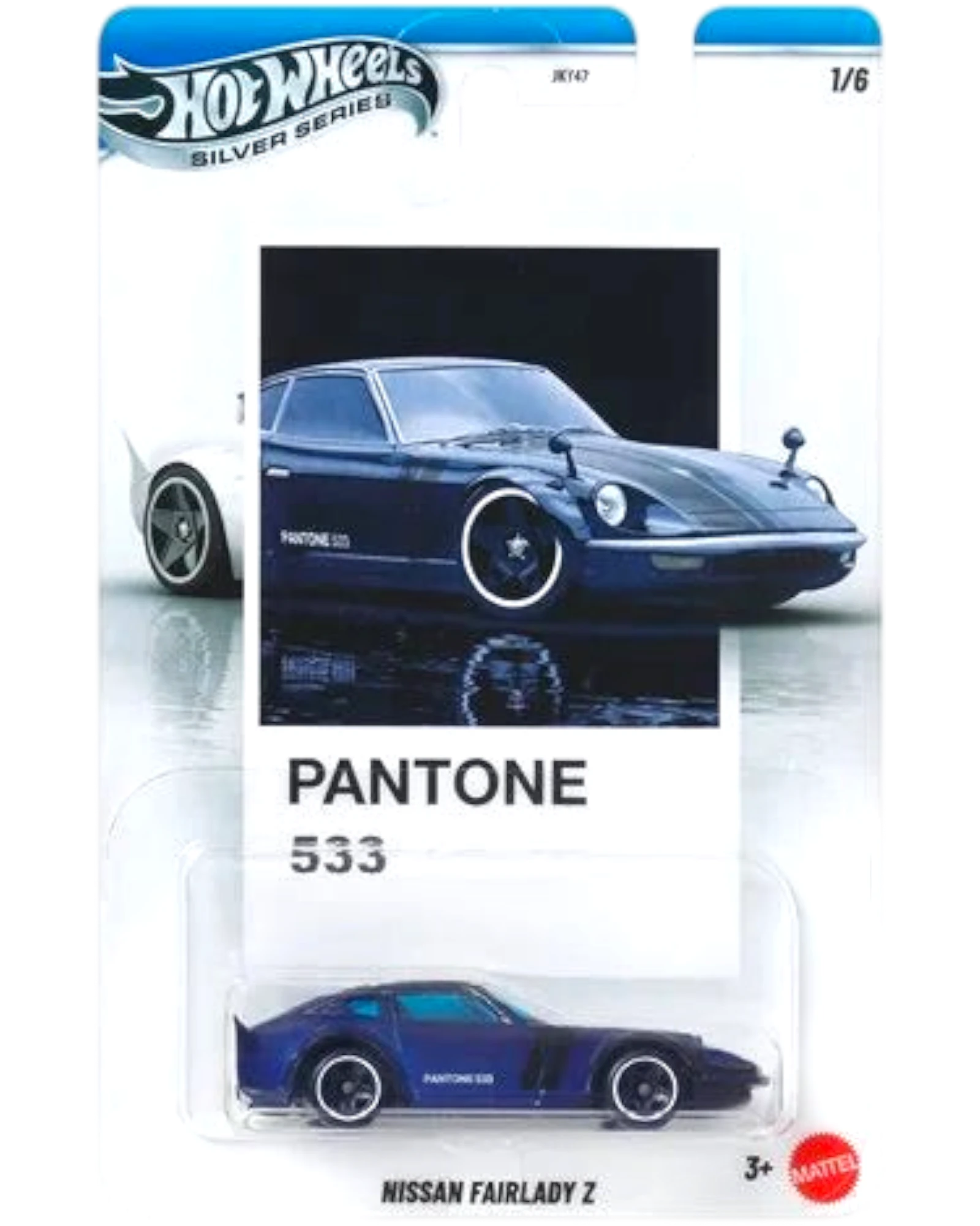 Hot Wheels Nissan Fairlady Z model car in Pantone 533 packaging