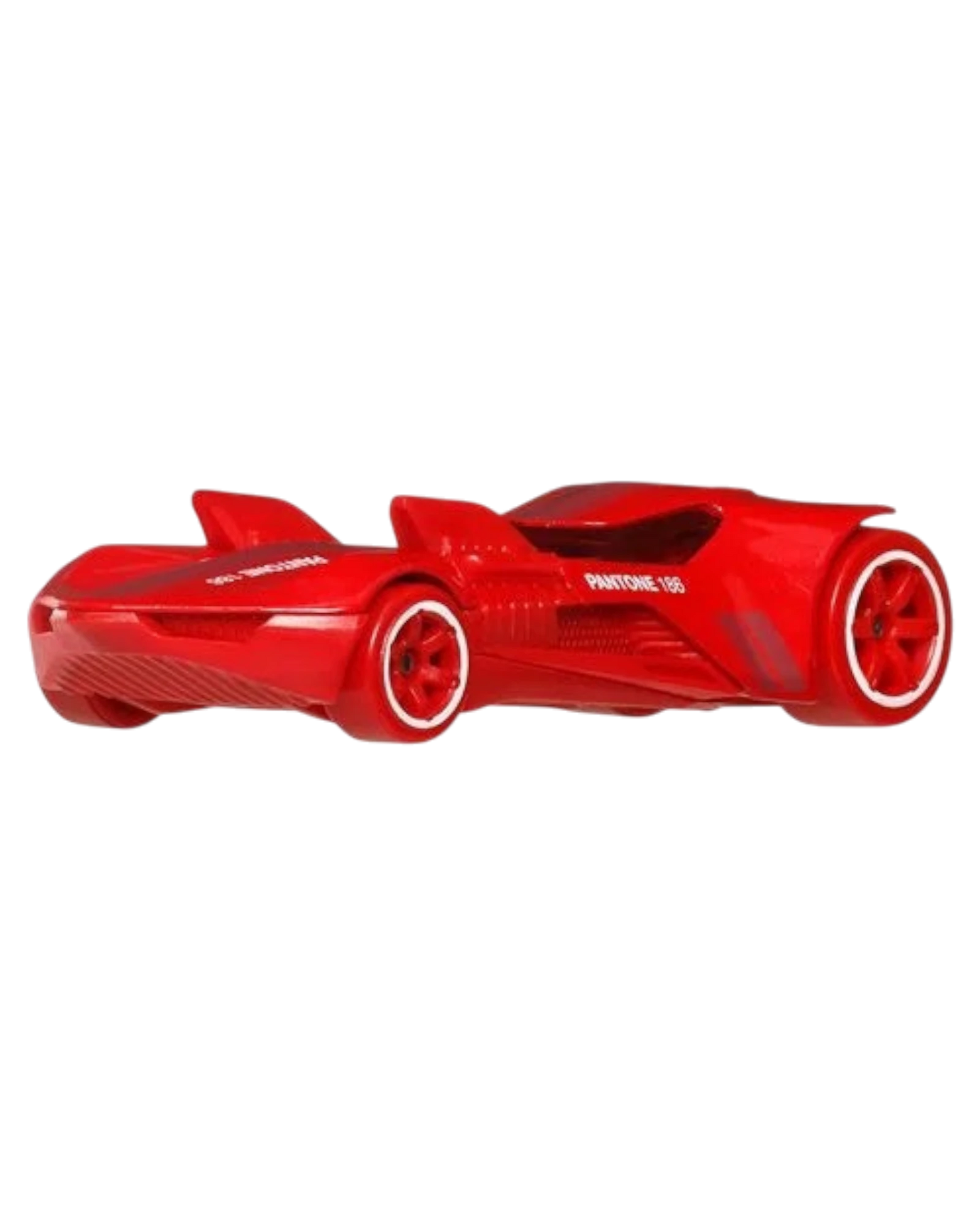 Red toy car with 'Pantone 198' text on a white background