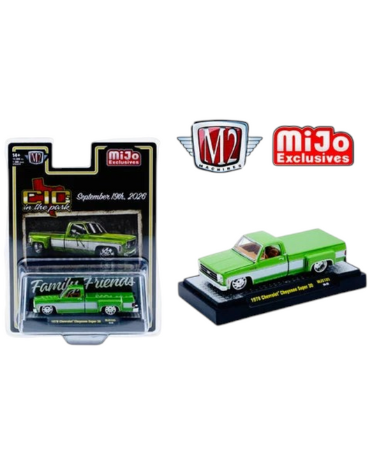 More Than Diecast M2 Machines 1978 Chevrolet Cheyenne Super 30 die-cast truck in two-tone green and white.