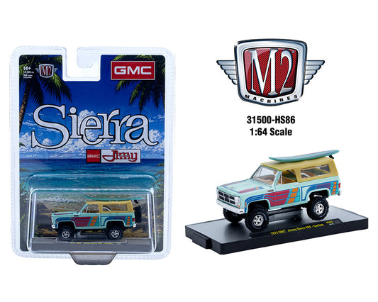 (Preorder) M2 Machines 1:64 1975 GMC Jimmy Sierra 4x4 Custom w/ Surfboard - Turquoise - Hobby Exclusive