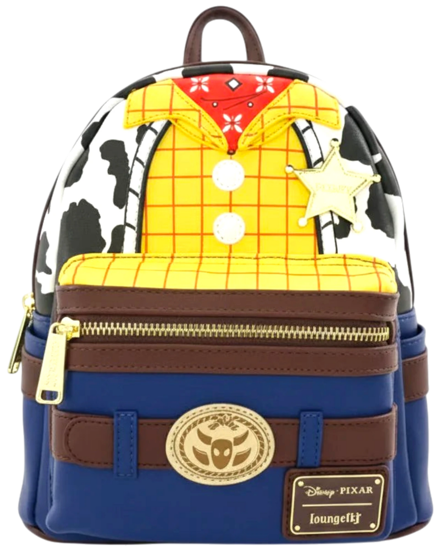 Backpack designed like a character from Toy Story with a colorful pattern on a white background