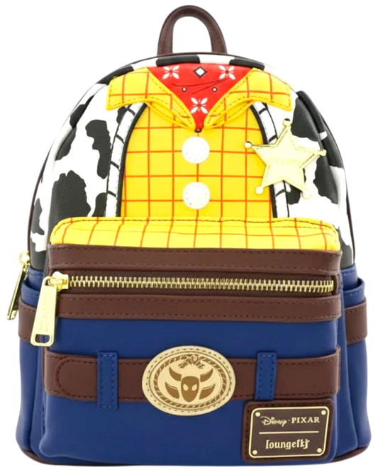 Backpack designed like a character from Toy Story with a colorful pattern on a white background
