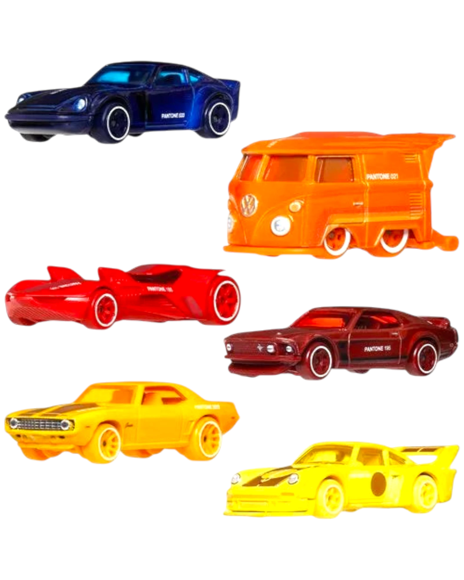 Collection of colorful toy cars on a white background
