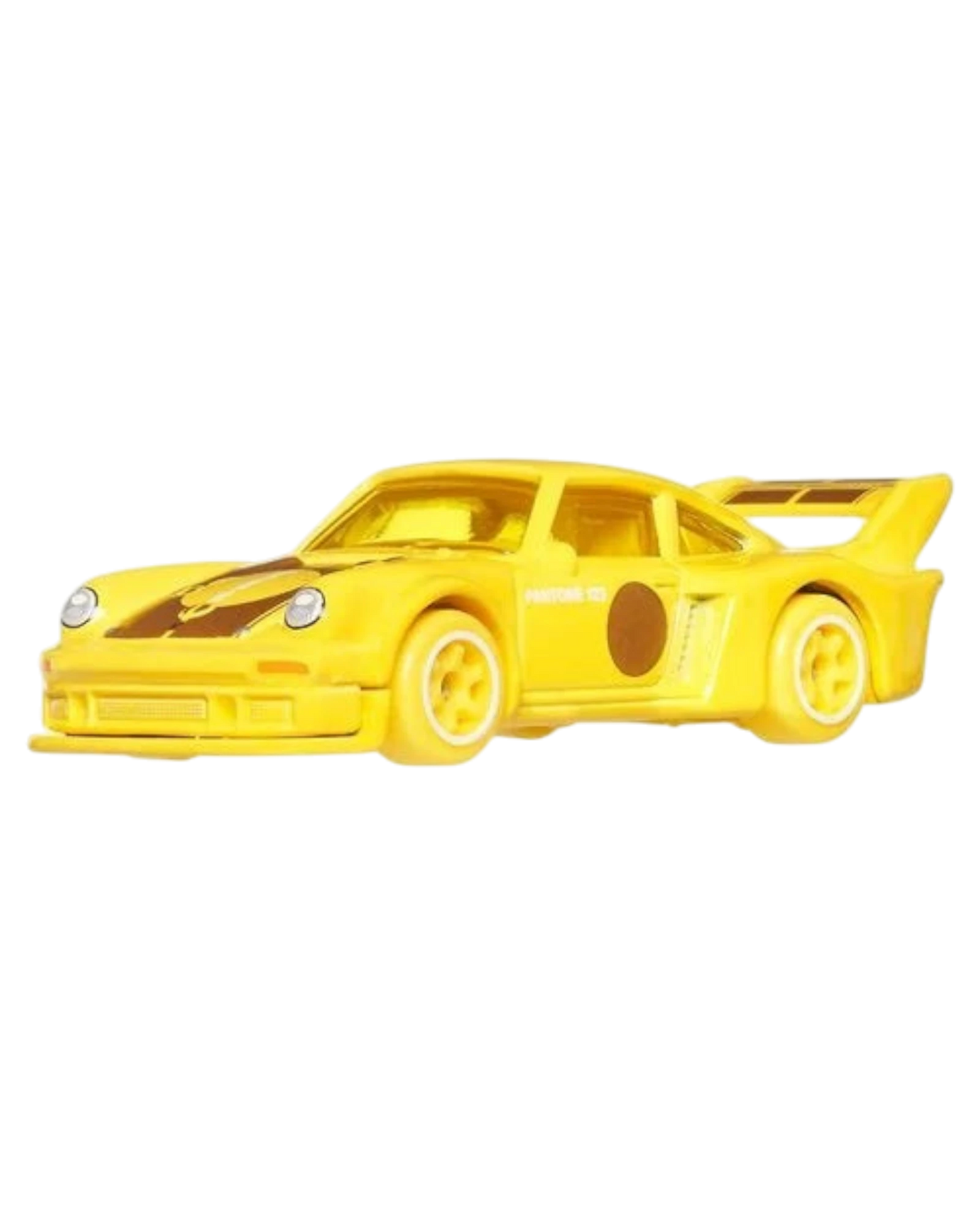 Yellow toy car with a large rear wing on a white background