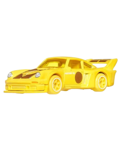 Yellow toy car with a large rear wing on a white background