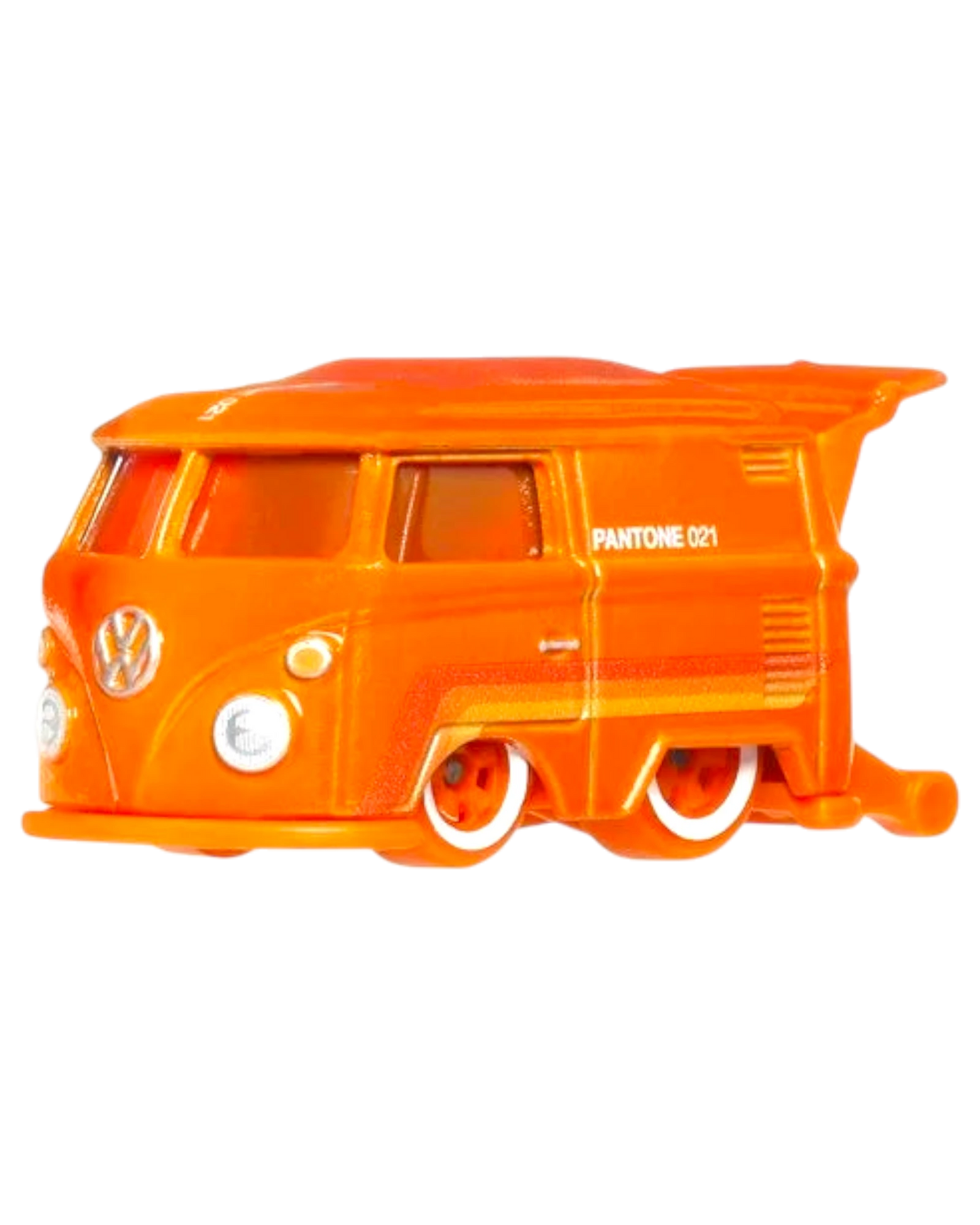 Orange toy van with 'Pantone 021' text on a white background