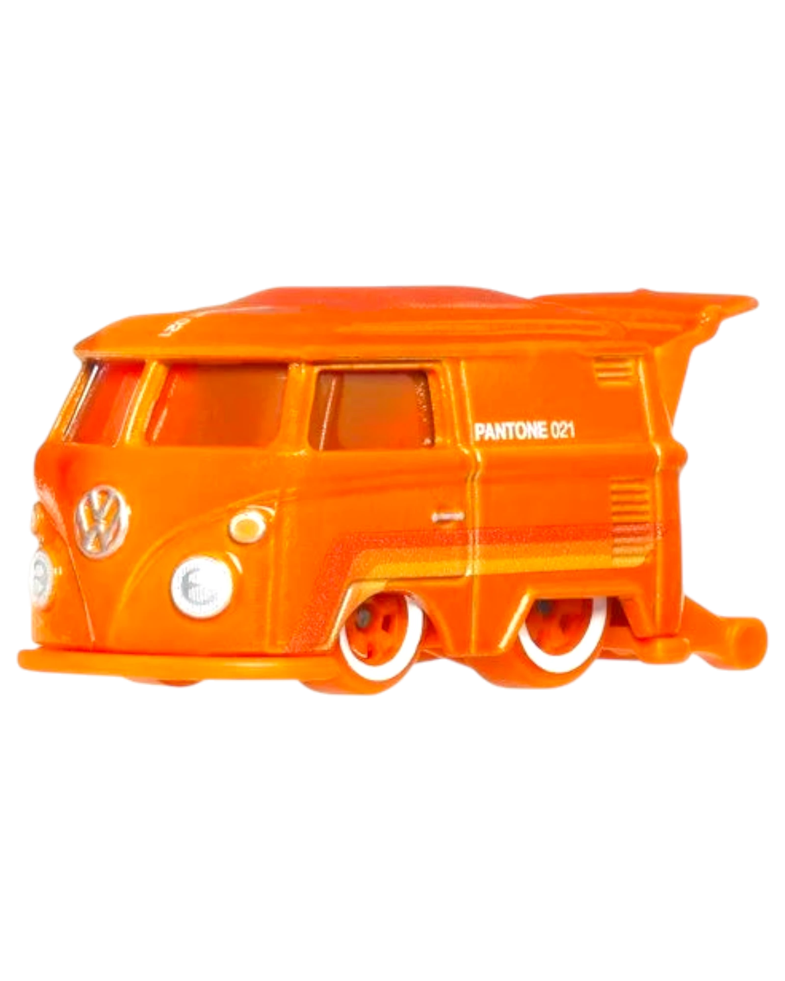 Orange toy van with 'Pantone 021' text on a white background