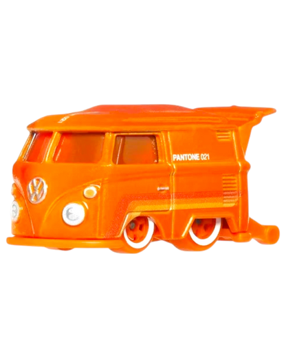 Orange toy van with 'Pantone 021' text on a white background