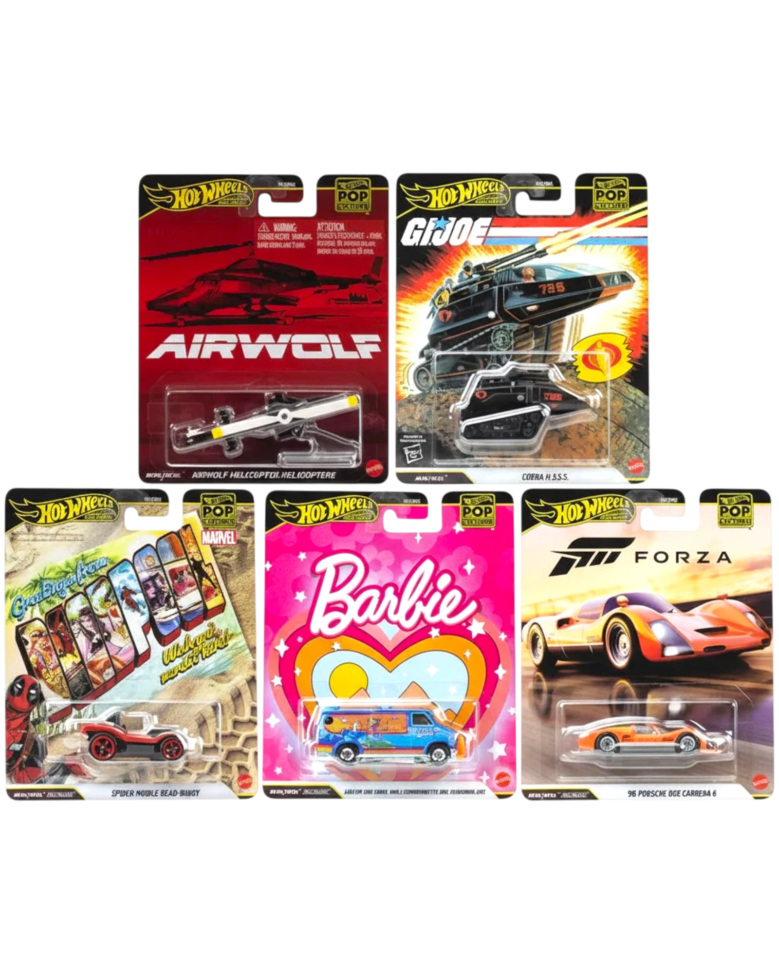 Collection of Hot Wheels toy car packages featuring various models and themes.