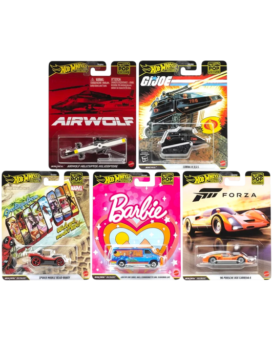 Collection of Hot Wheels toy car packages featuring various models and themes.